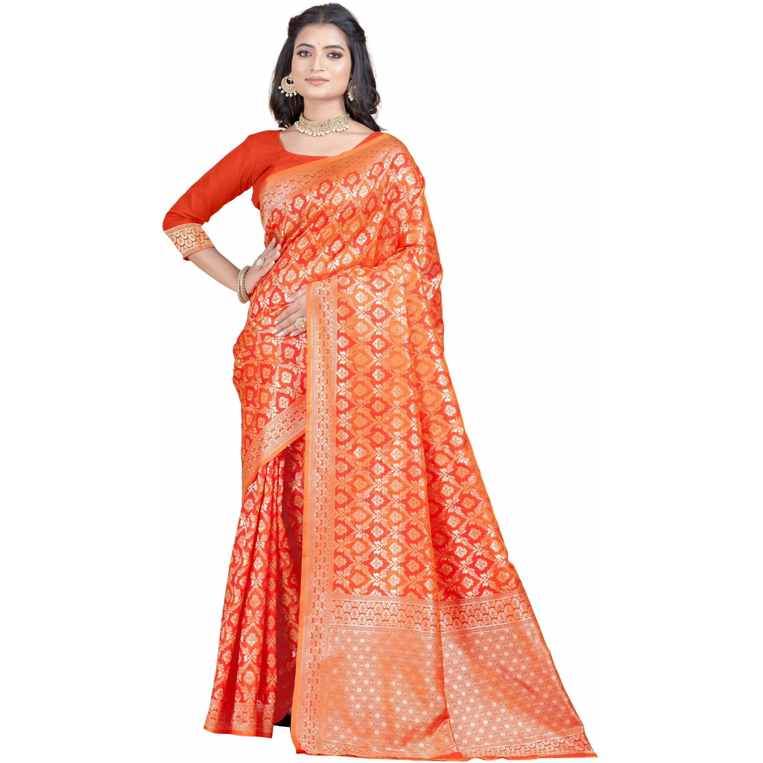 Sugathari Women's Banarasi Saree Pure Kanjivaram Silk Saree Soft New Ladies 2023 Design Wear Pattu Sarees Latest Party Sari Collections With Blouse Piece For Wedding Sadi (San Pari-191 Orange)