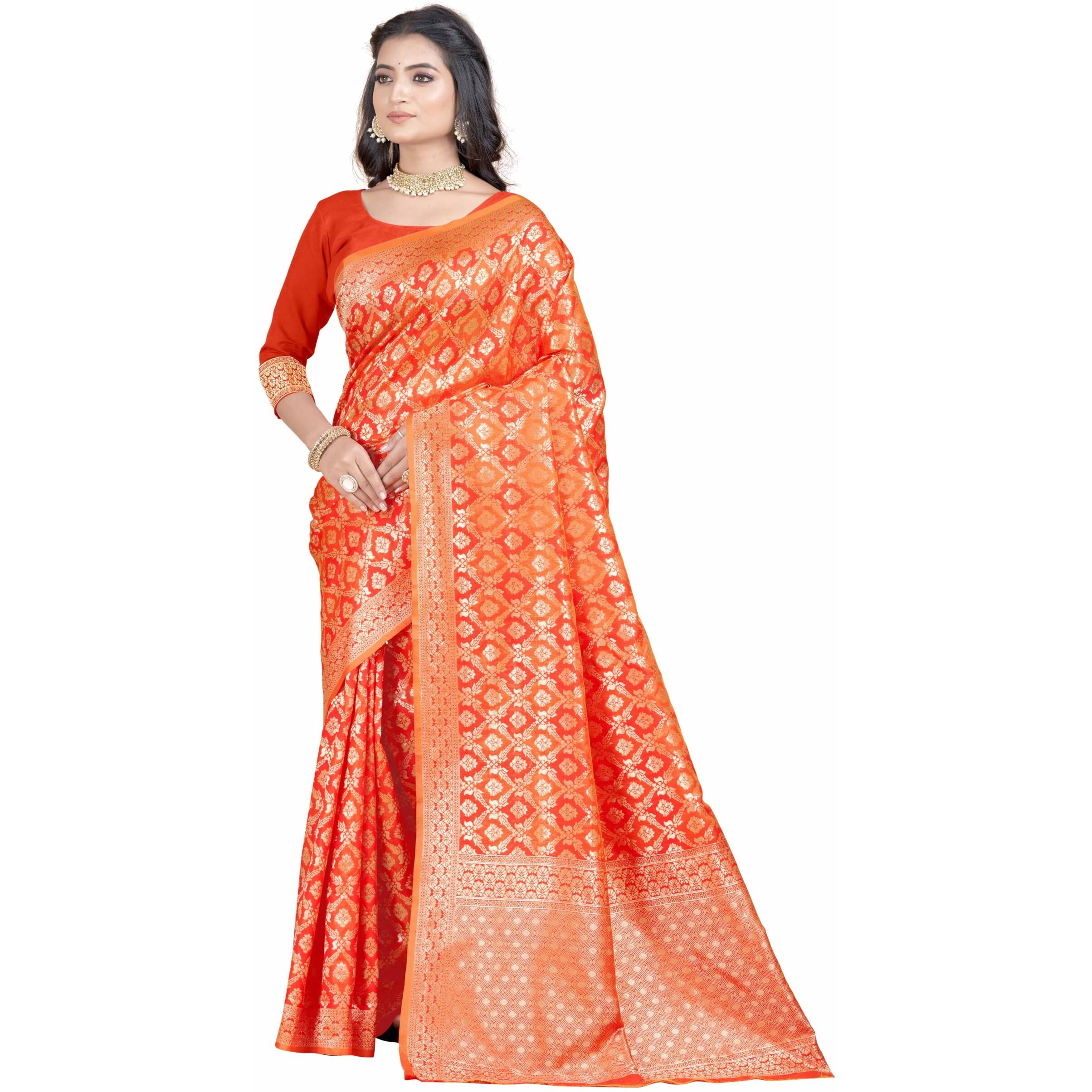 Sugathari Women's Banarasi Saree Pure Kanjivaram Silk Saree Soft New Ladies 2023 Design Wear Pattu Sarees Latest Party Sari Collections With Blouse Piece For Wedding Sadi (San Pari-191 Orange)