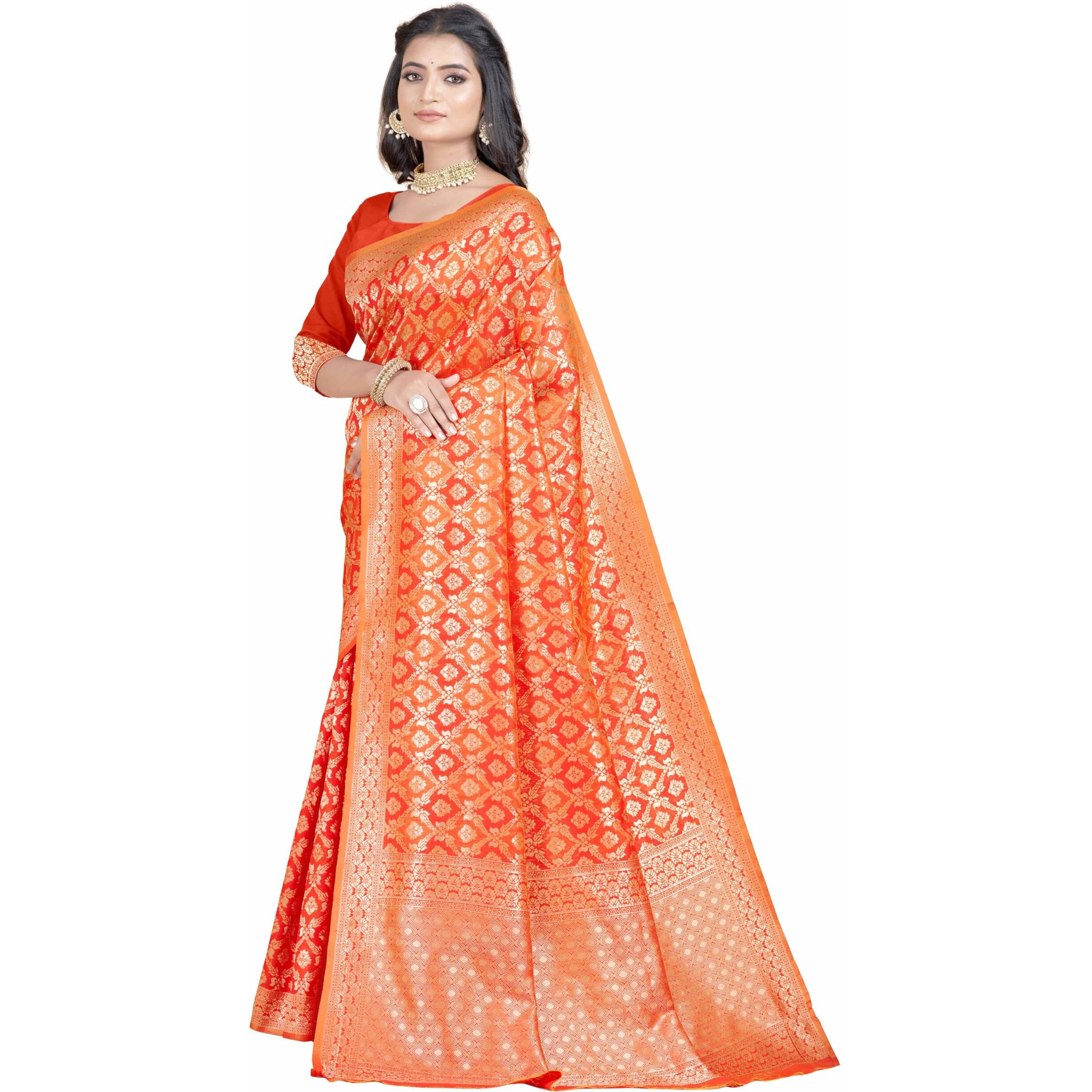 Sugathari Women's Banarasi Saree Pure Kanjivaram Silk Saree Soft New Ladies 2023 Design Wear Pattu Sarees Latest Party Sari Collections With Blouse Piece For Wedding Sadi (San Pari-191 Orange)