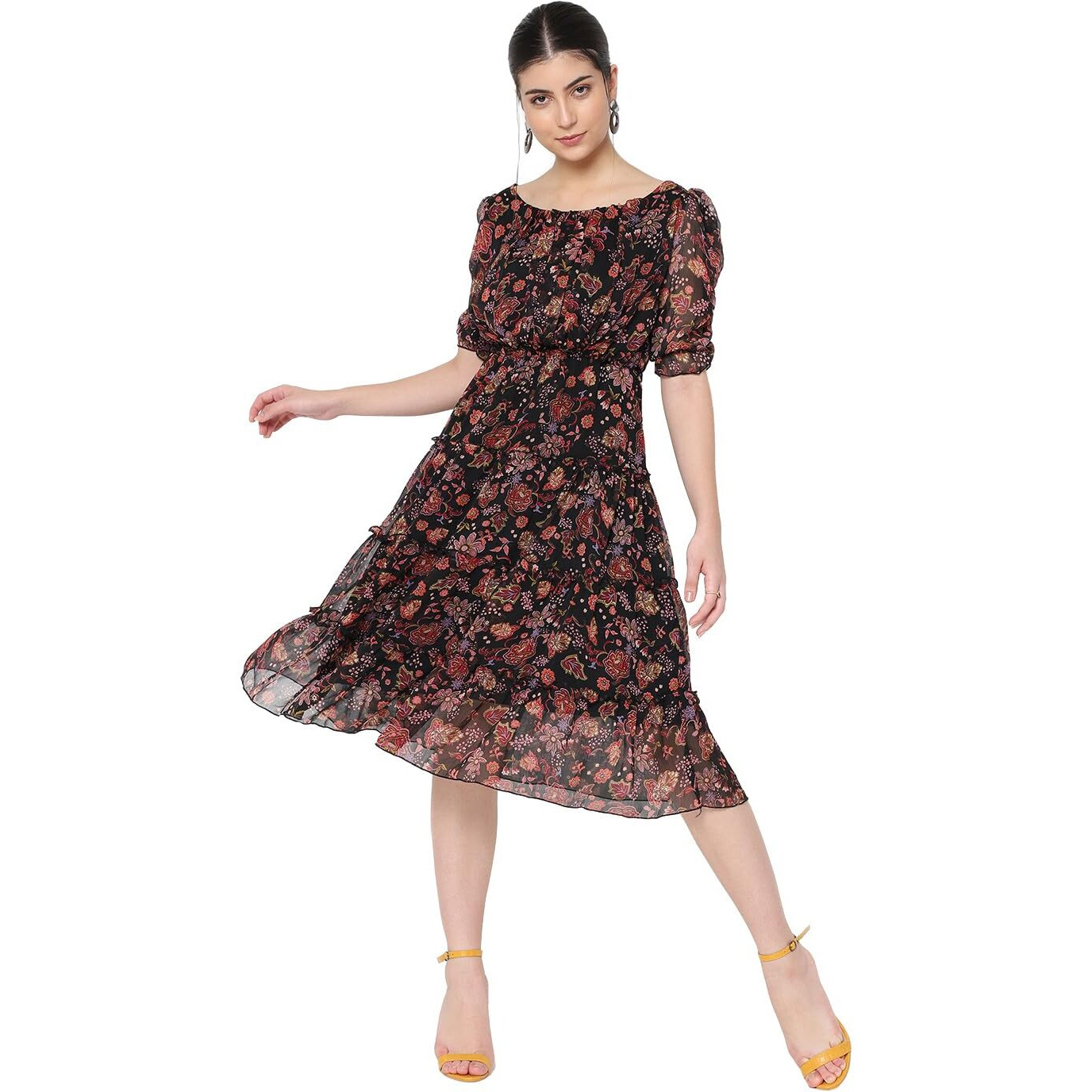 Sugathari Women's Black Chiffon Solid Floral Sweetheart Neck A-Line Dress For Women (Dress2 60 Black Xxl)