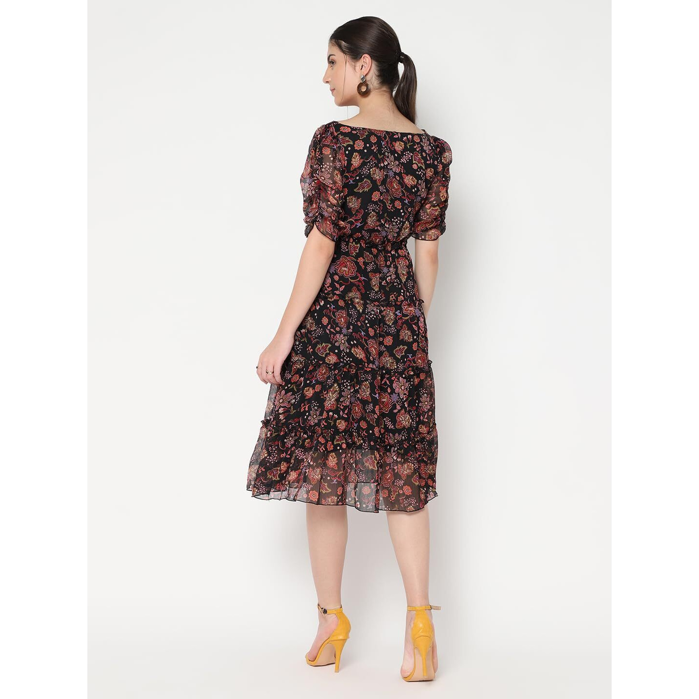 Sugathari Women's Black Chiffon Solid Floral Sweetheart Neck A-Line Dress For Women (Dress2 60 Black Xxl)