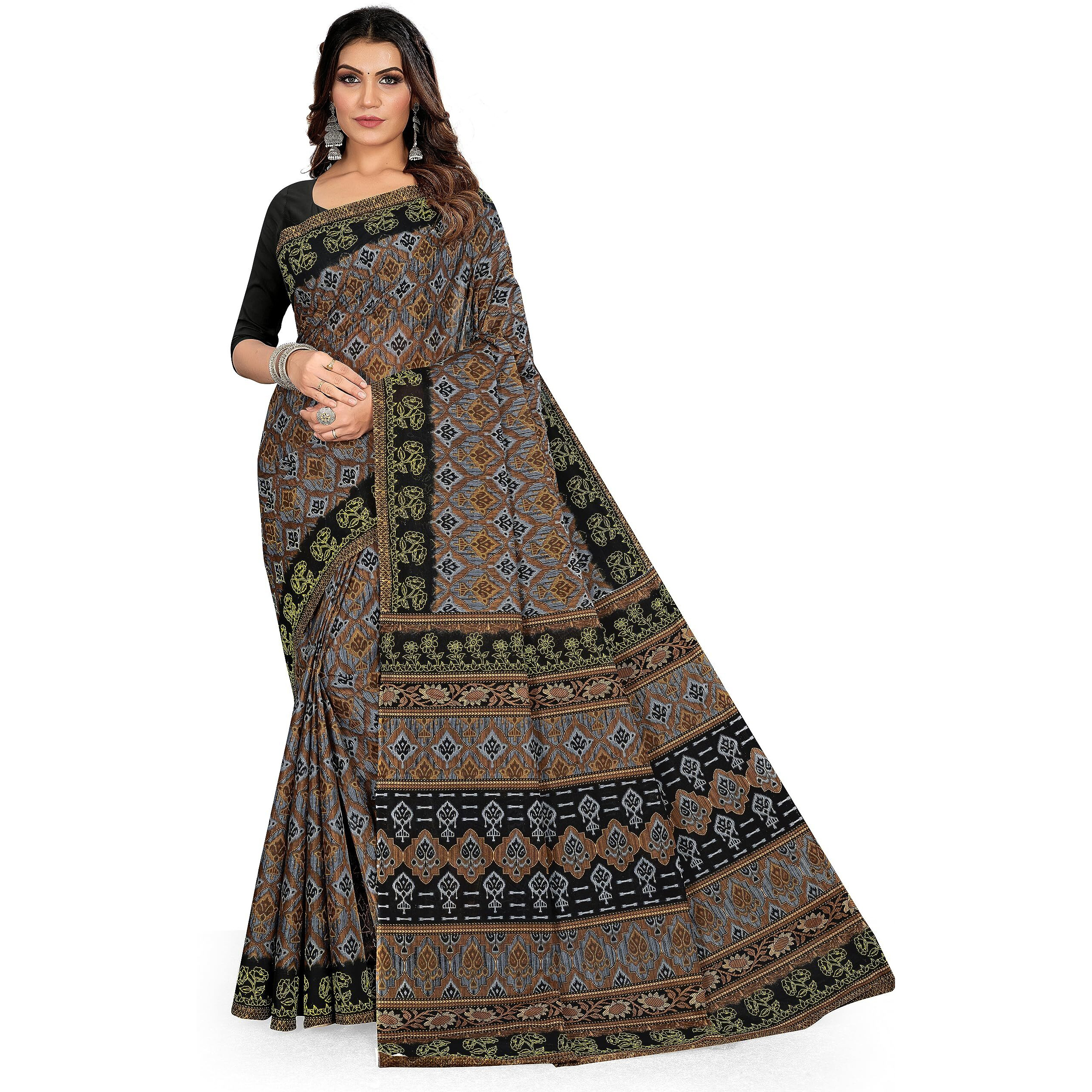 Tamaira Fashion Women's Plain Weave Pure Cotton Saree Without Blouse Piece(11188_Grey&Black)