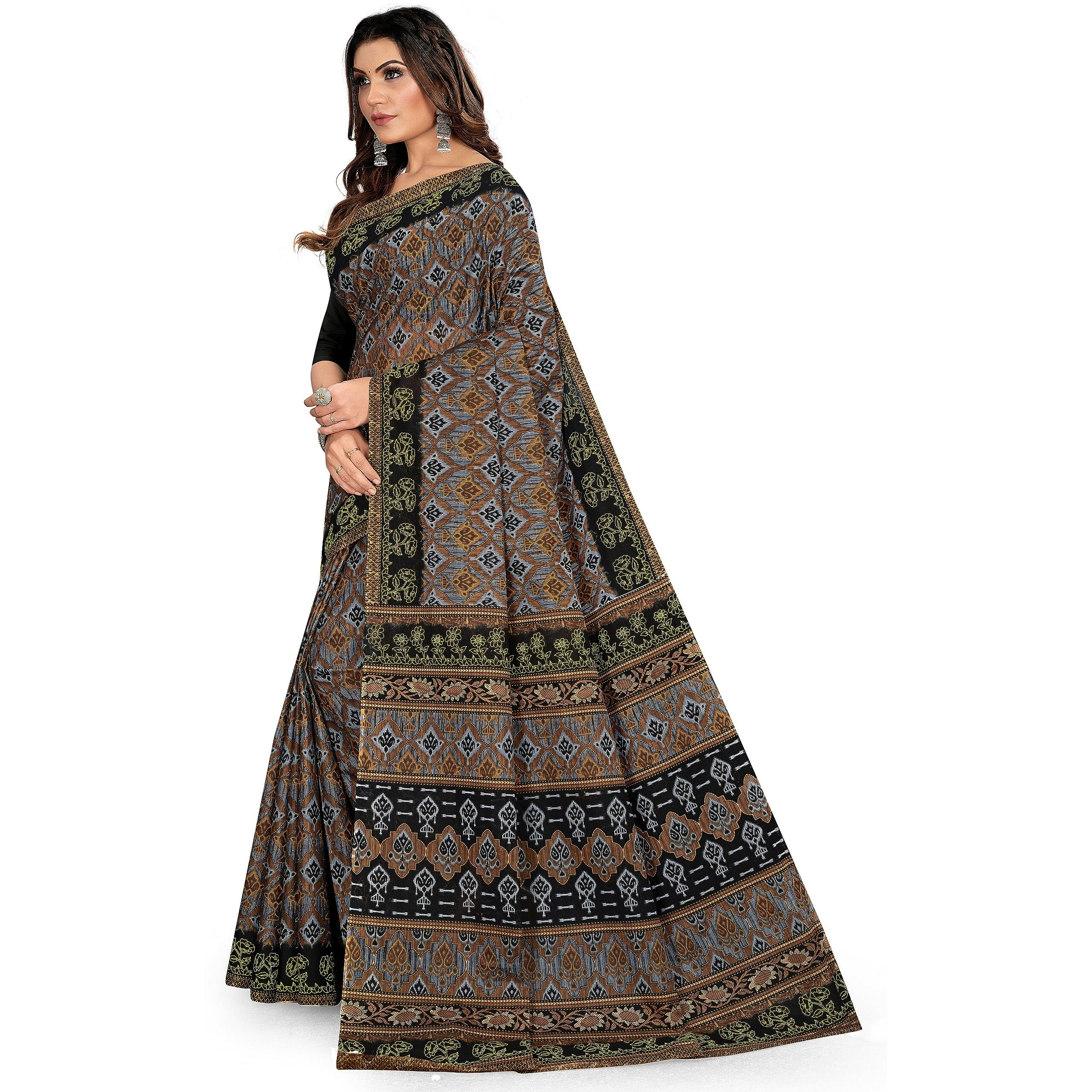 Tamaira Fashion Women's Plain Weave Pure Cotton Saree Without Blouse Piece(11188_Grey&Black)