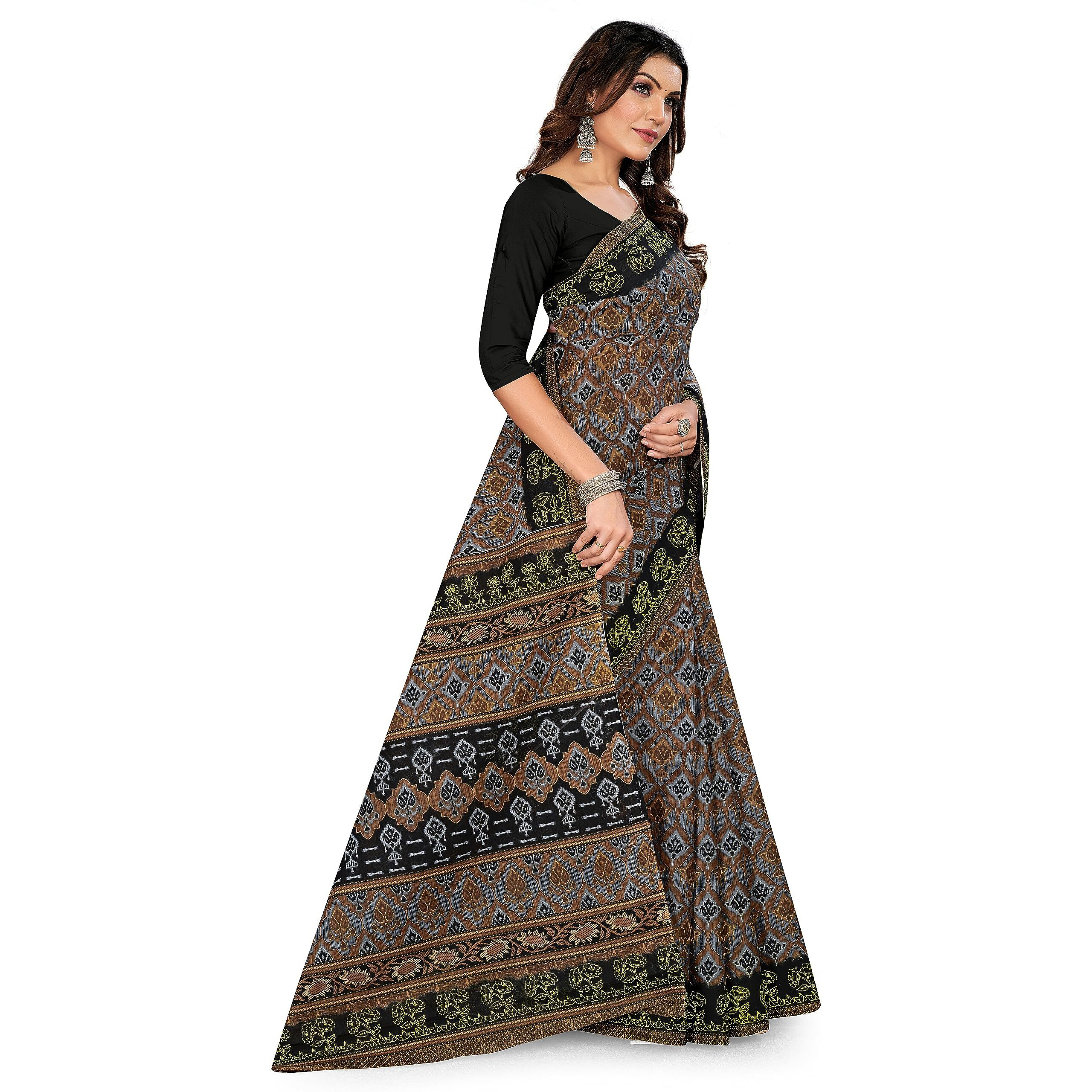 Tamaira Fashion Women's Plain Weave Pure Cotton Saree Without Blouse Piece(11188_Grey&Black)
