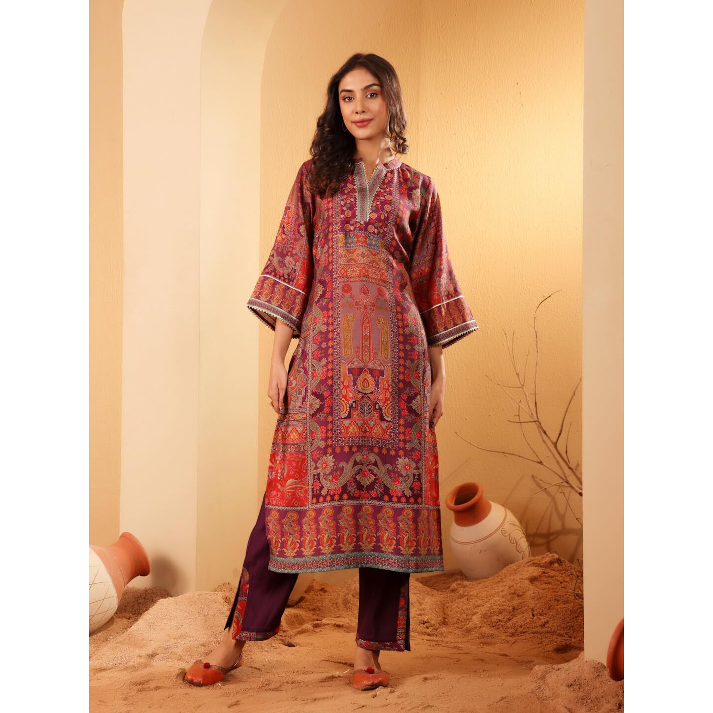 Varanga Women Pink Floral Printed Gota Embellished Flared Sleeve Kurta With Solid Trouser & Dupatta  Elegant Ethnic Set