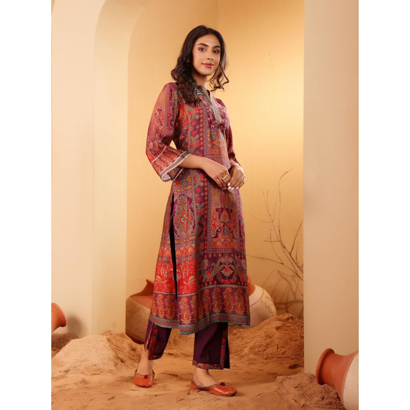 Varanga Women Pink Floral Printed Gota Embellished Flared Sleeve Kurta With Solid Trouser & Dupatta  Elegant Ethnic Set