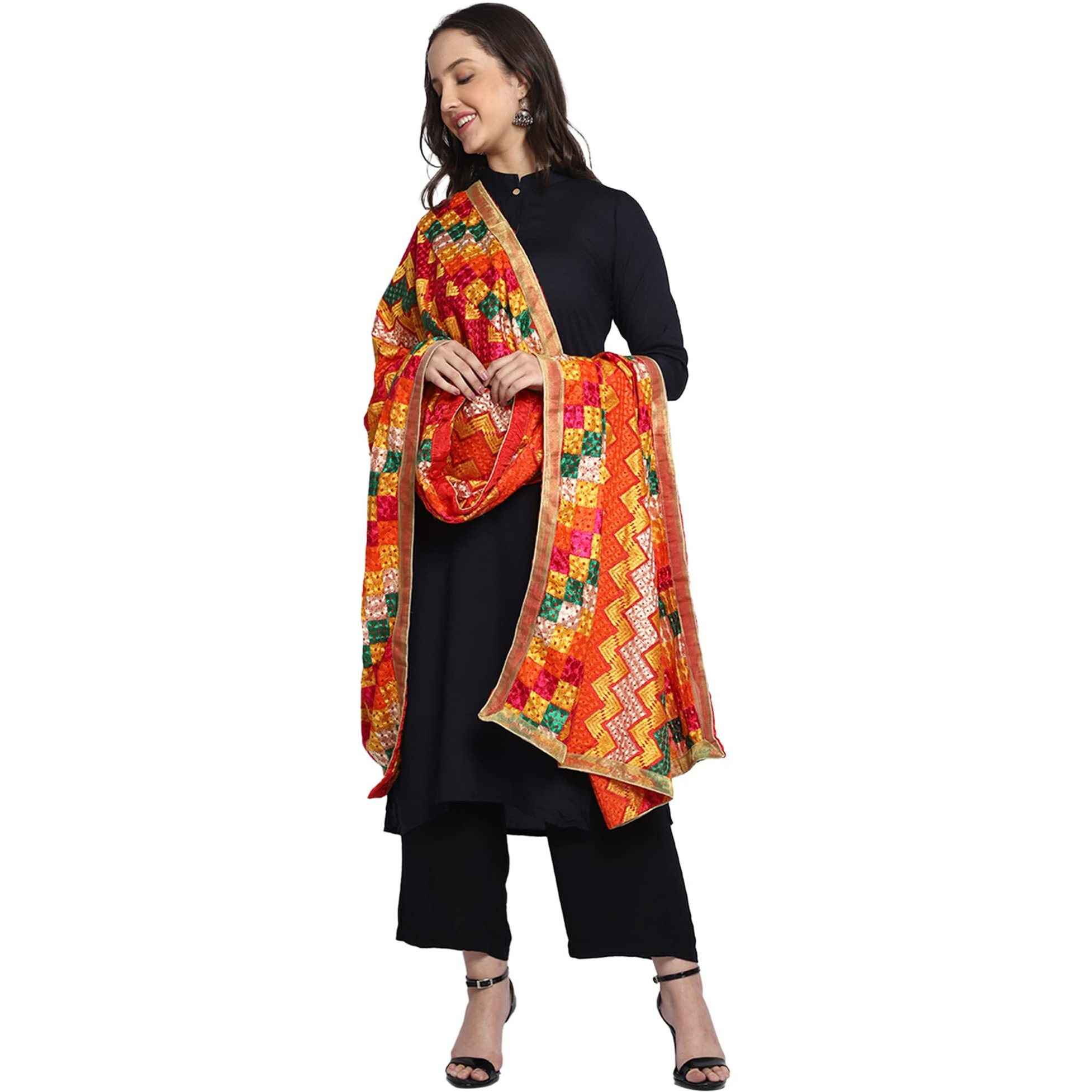 Weavers Villa Women's Polyester Heavy Phulkari Embroided Dupatta, Chunni (2.25 Mtrs) (Design-09)