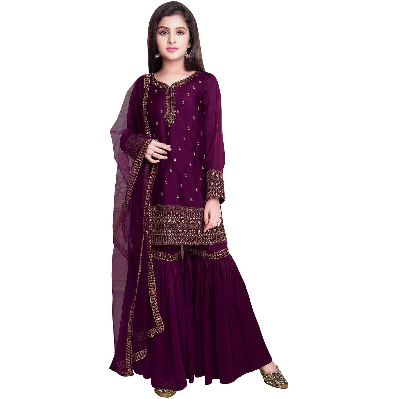 White Button New Girl's Sharara Style Georgette Salwar Suit For Kids