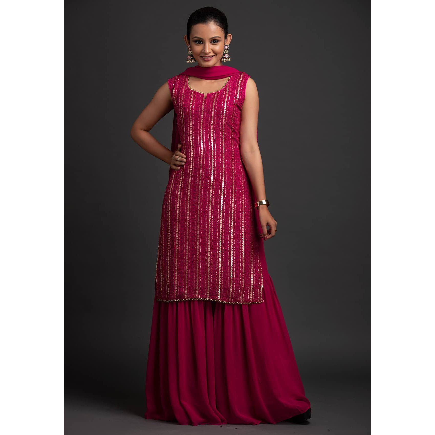 Xomantic Fashion Women's Georgette Sequence Work Kurta Sharara Set With Dupatta Pink