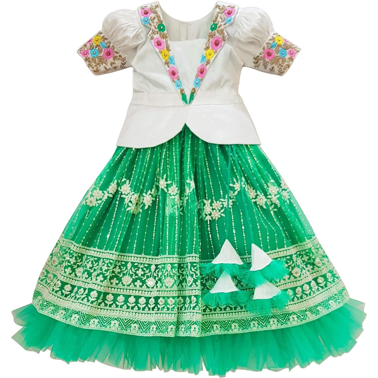 White Button New South Indian Traditional Collar Net Pattu Pavadai Lehenga Choli For Girls Dress (2-3 Years, Rama,White)