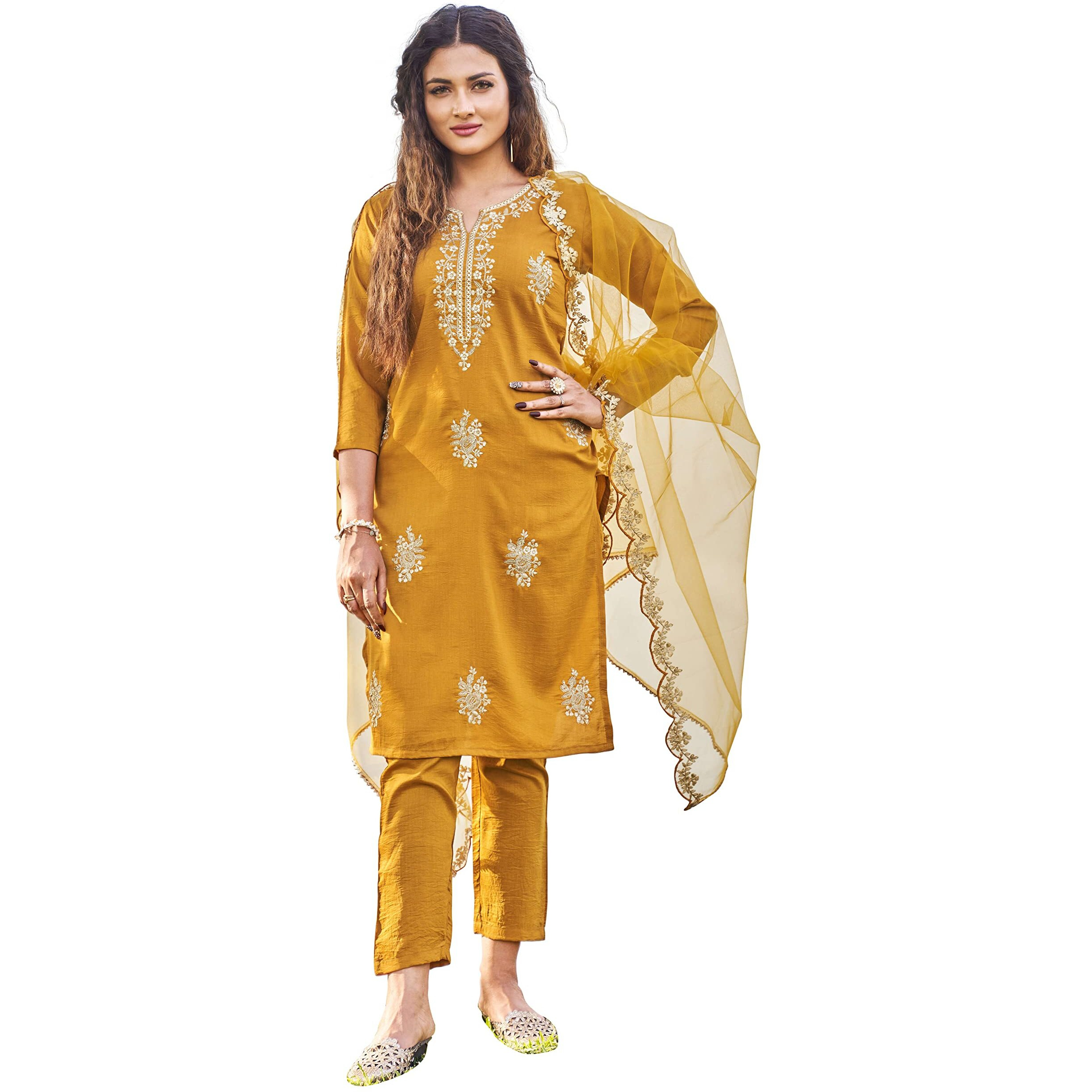 Womanista Women's Poly Crepe Salwar Suit (Salwar_1048A_Mustard_M)