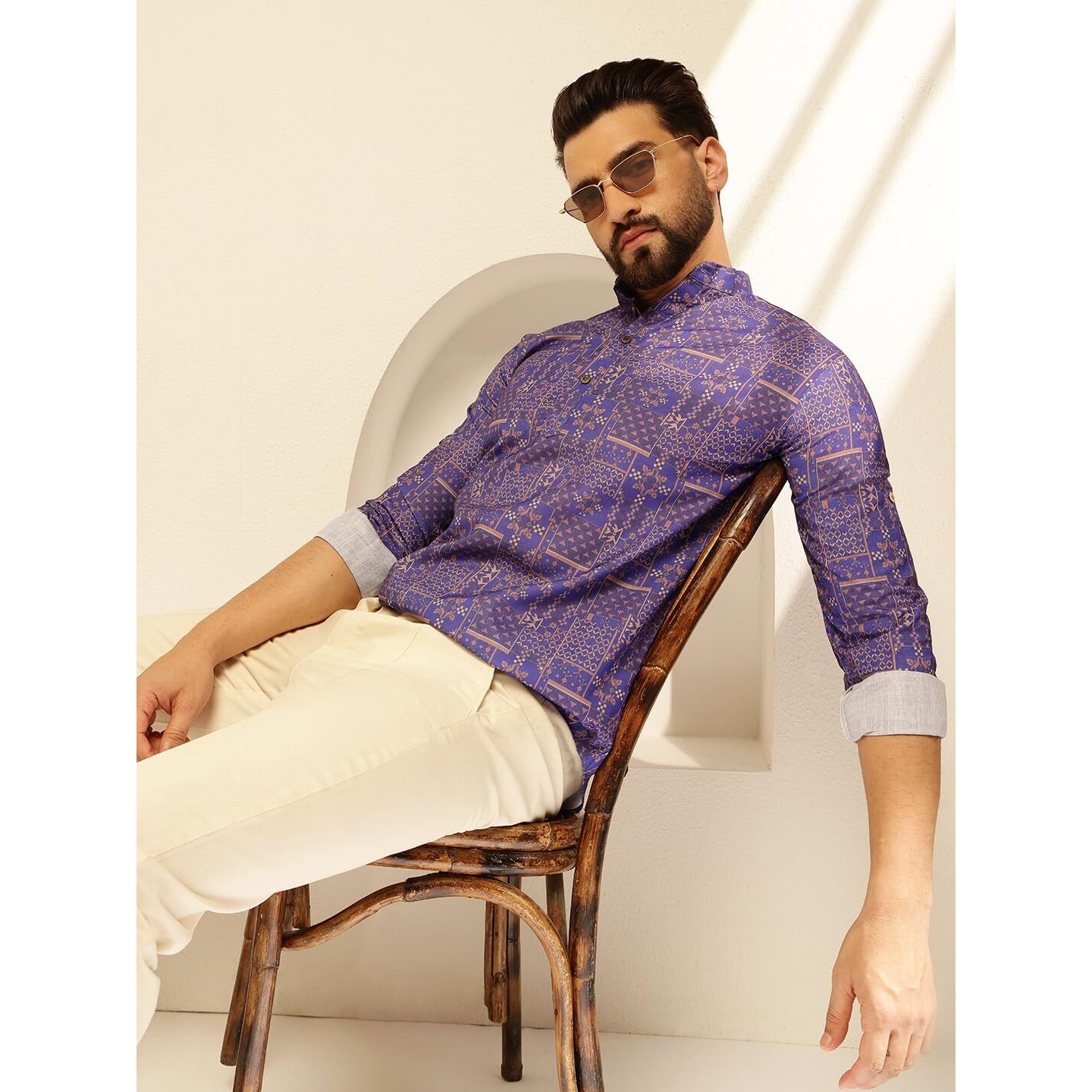 Sojanya (Since 1958 Men's Cotton Linen Geometric Printed Purple Only Short Kurta