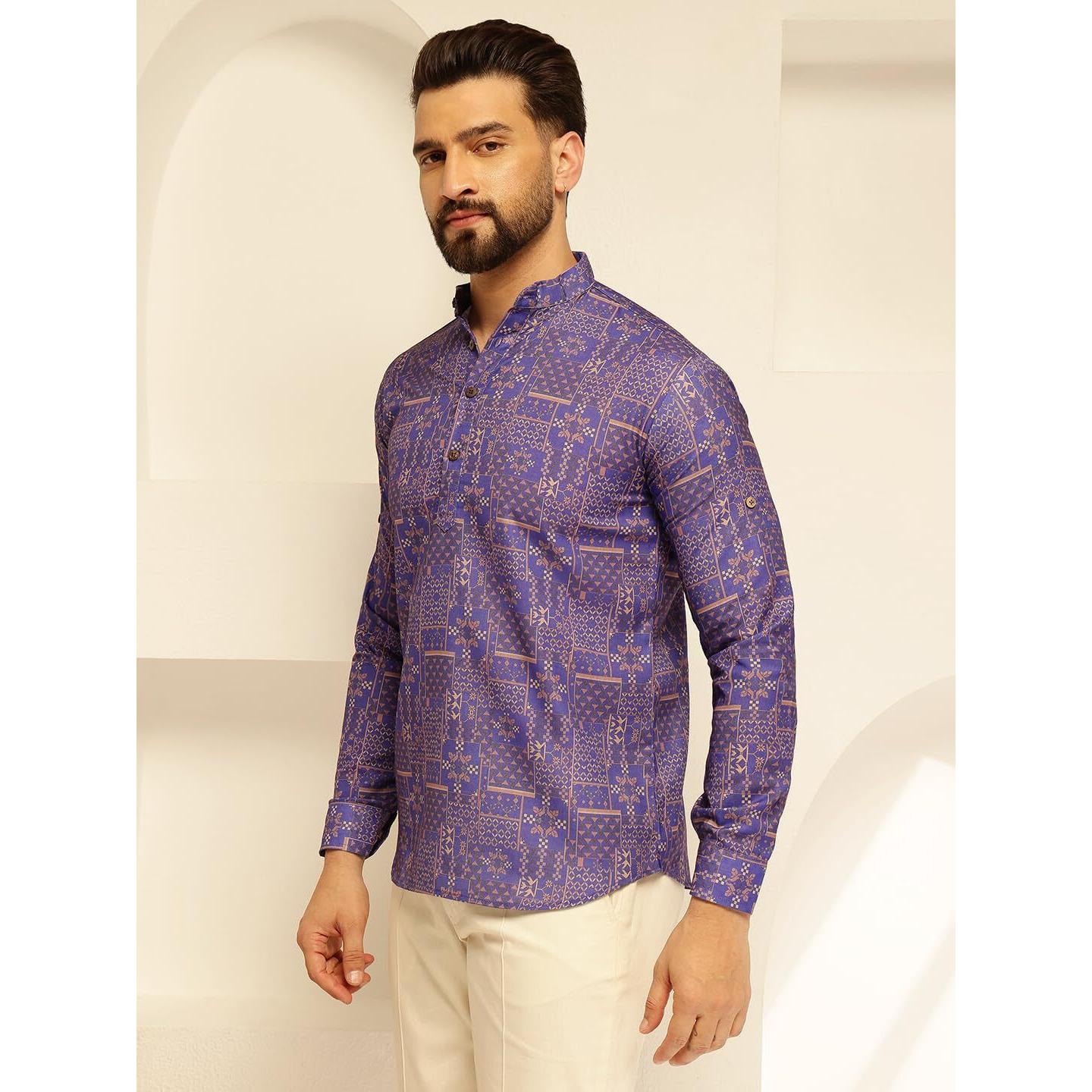 Sojanya (Since 1958 Men's Cotton Linen Geometric Printed Purple Only Short Kurta