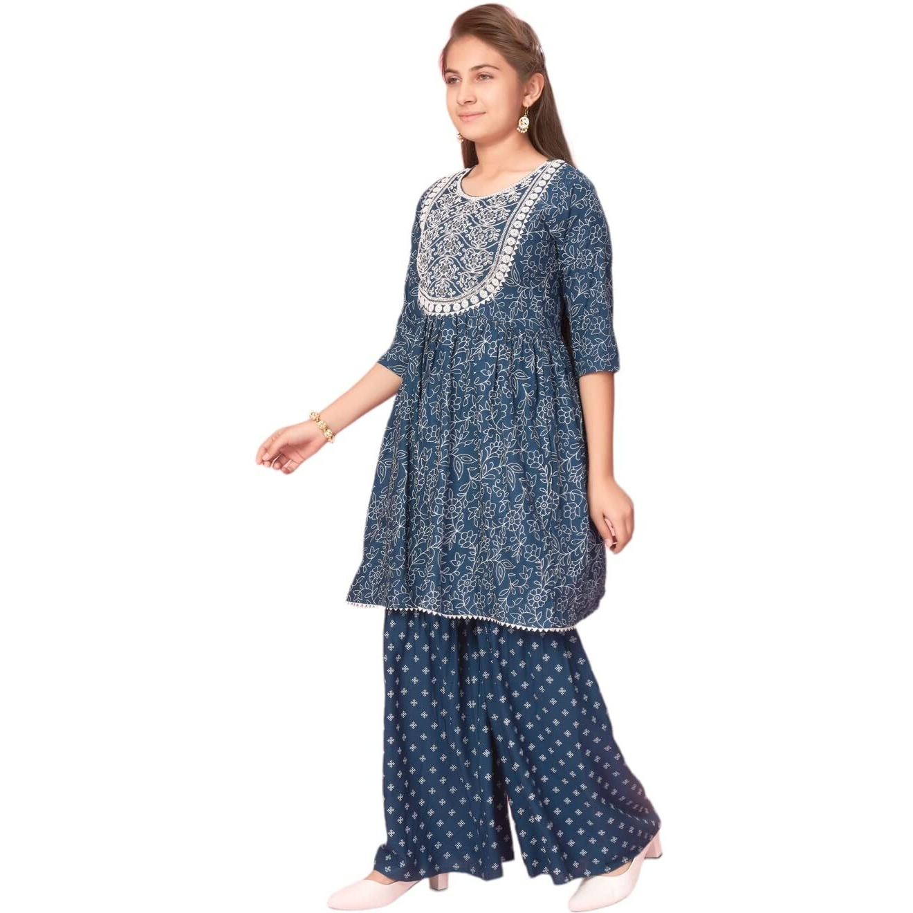 Aarika Girls Navy Blue Colour Cotton Embroidery Kurti Sharara Set (Sh-Ap-C-3-Navy-Blue-38)