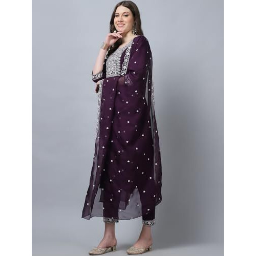 Alvami Women Embroidery Straight Kurta And Pant Set With Dupatta (Xl) Multicolour