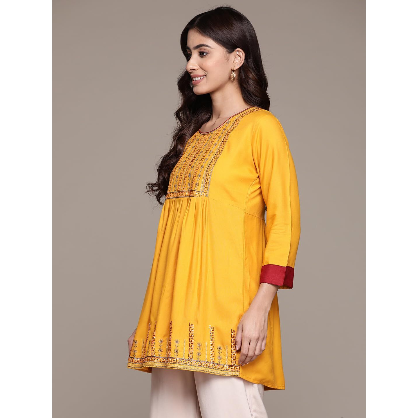 Anubhutee Women's Viscose Rayon Ethnic Motifs Printed Mustard Embroidered A-Line Kurti../