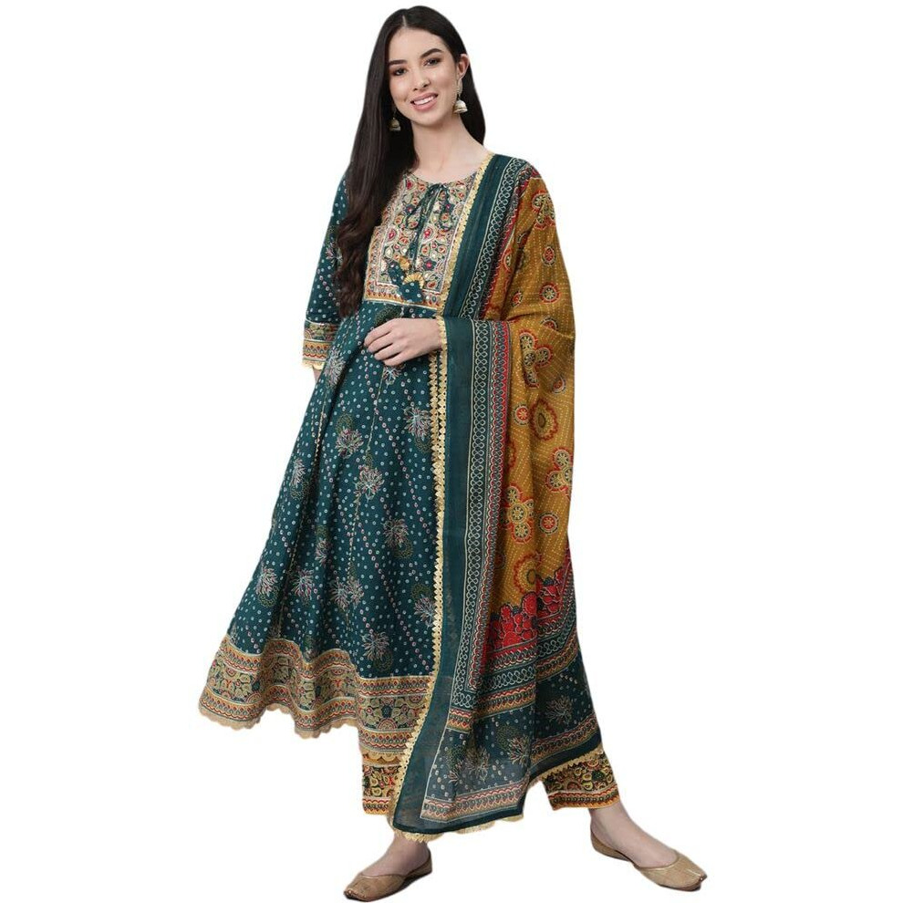 Anubhutee Women's Cotton Teal Gota Patti Ethnic Motifs Printed Anarkali Kurta Suit Set With Trousers And Dupatta