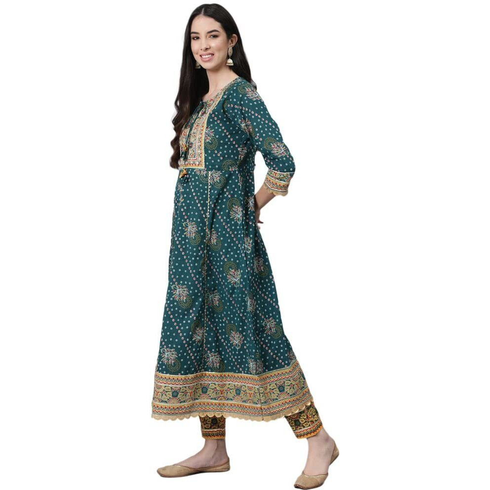 Anubhutee Women's Cotton Teal Gota Patti Ethnic Motifs Printed Anarkali Kurta Suit Set With Trousers And Dupatta