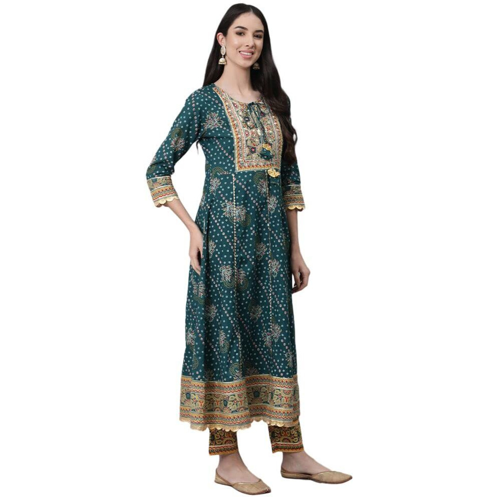 Anubhutee Women's Cotton Teal Gota Patti Ethnic Motifs Printed Anarkali Kurta Suit Set With Trousers And Dupatta