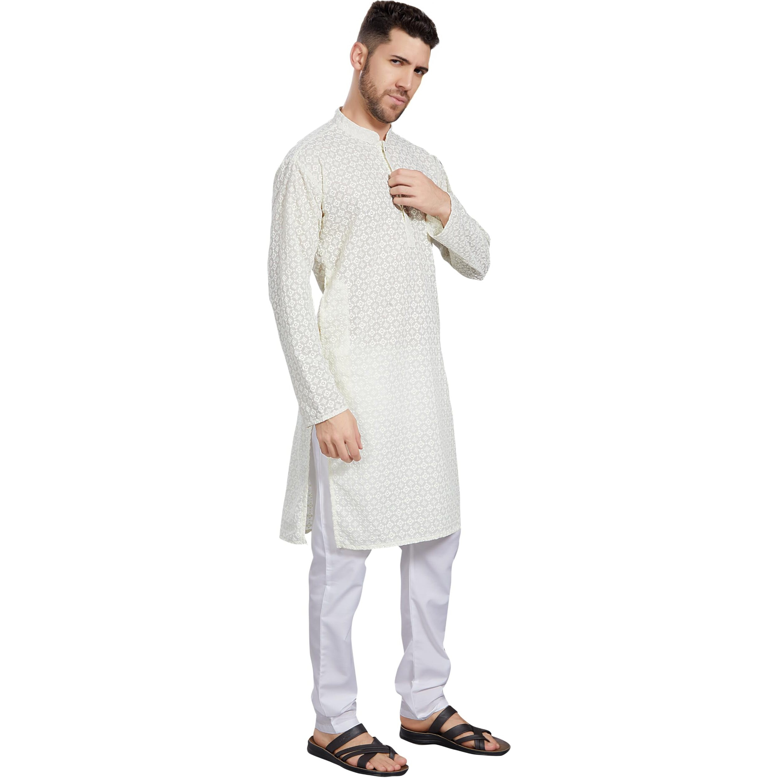 Divisive Men's Thread Embroidered Cotton Blend Only Slim Fit Kurta (Dkrt786_M_Cream)