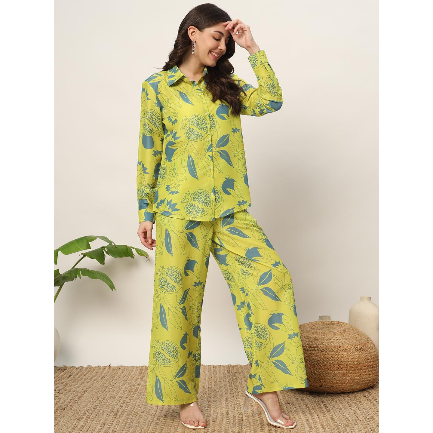 Fiorra Women's Lime Green Cotton Blend Printed Shirt With Palazzo Co-Ords Set Set0140