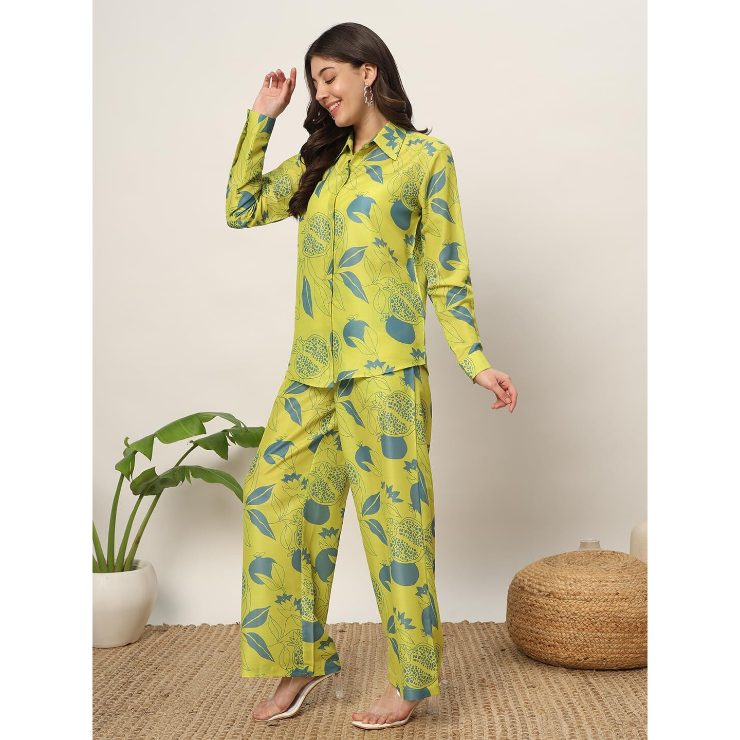 Fiorra Women's Lime Green Cotton Blend Printed Shirt With Palazzo Co-Ords Set Set0140