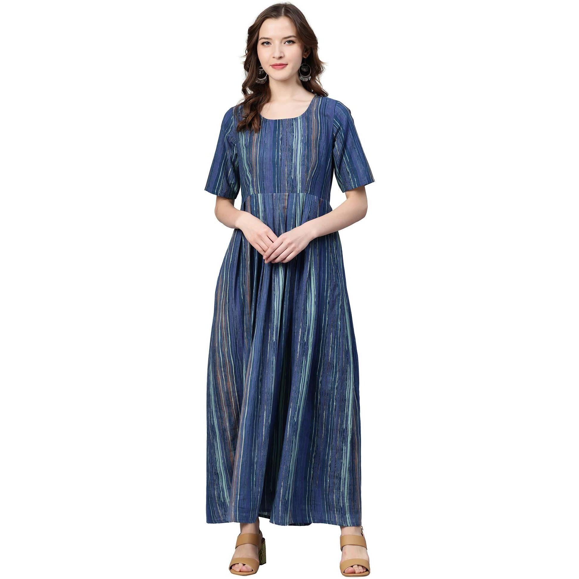Idalia Women's Blue Printed Cotton Flared Dress