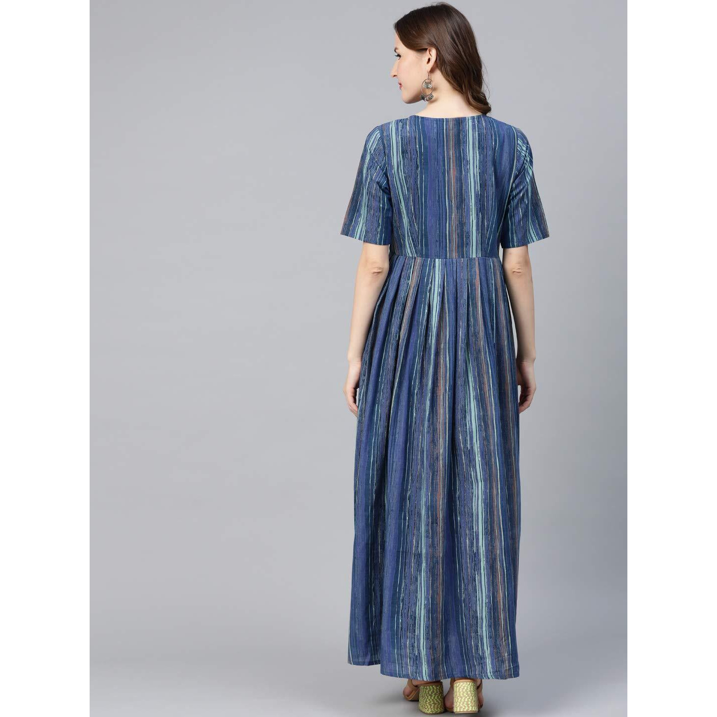 Idalia Women's Blue Printed Cotton Flared Dress