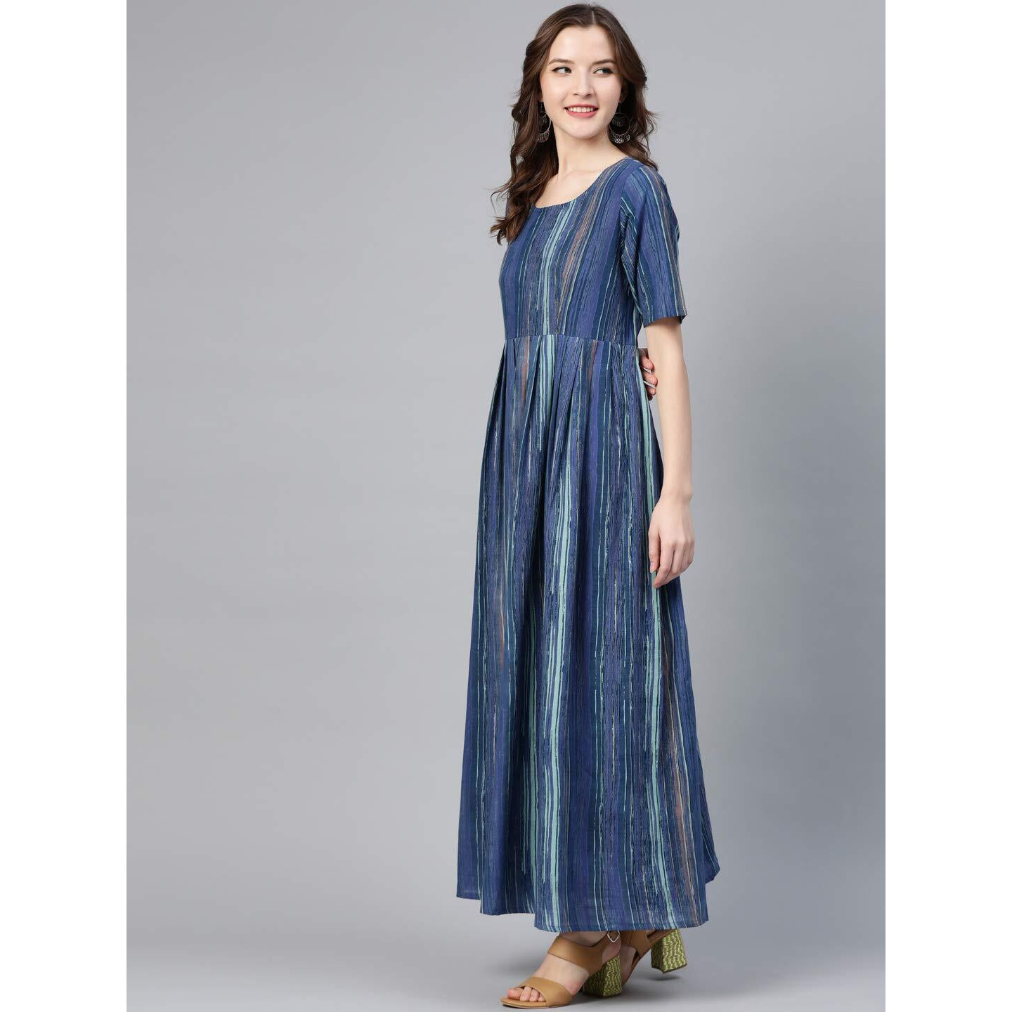 Idalia Women's Blue Printed Cotton Flared Dress