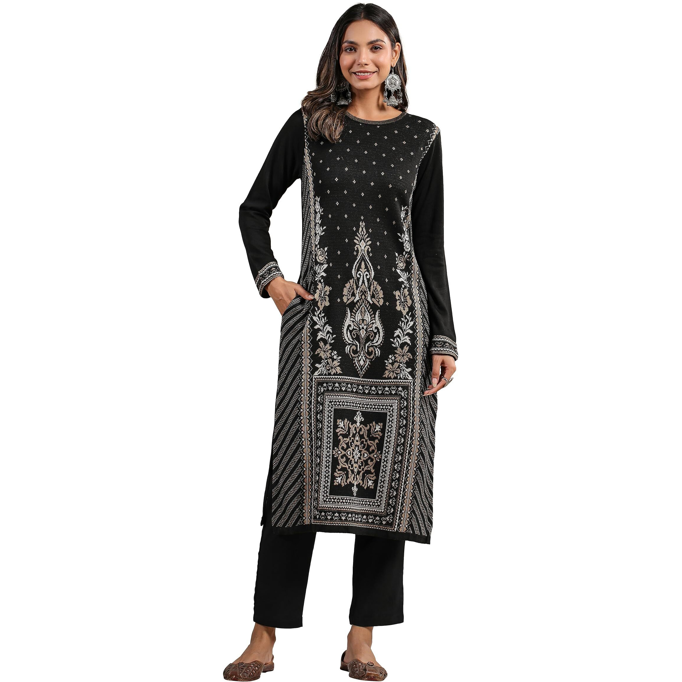 Ishin Women's Black Jacquard Style Ethnic Motifs Straight Winterwear Kurta