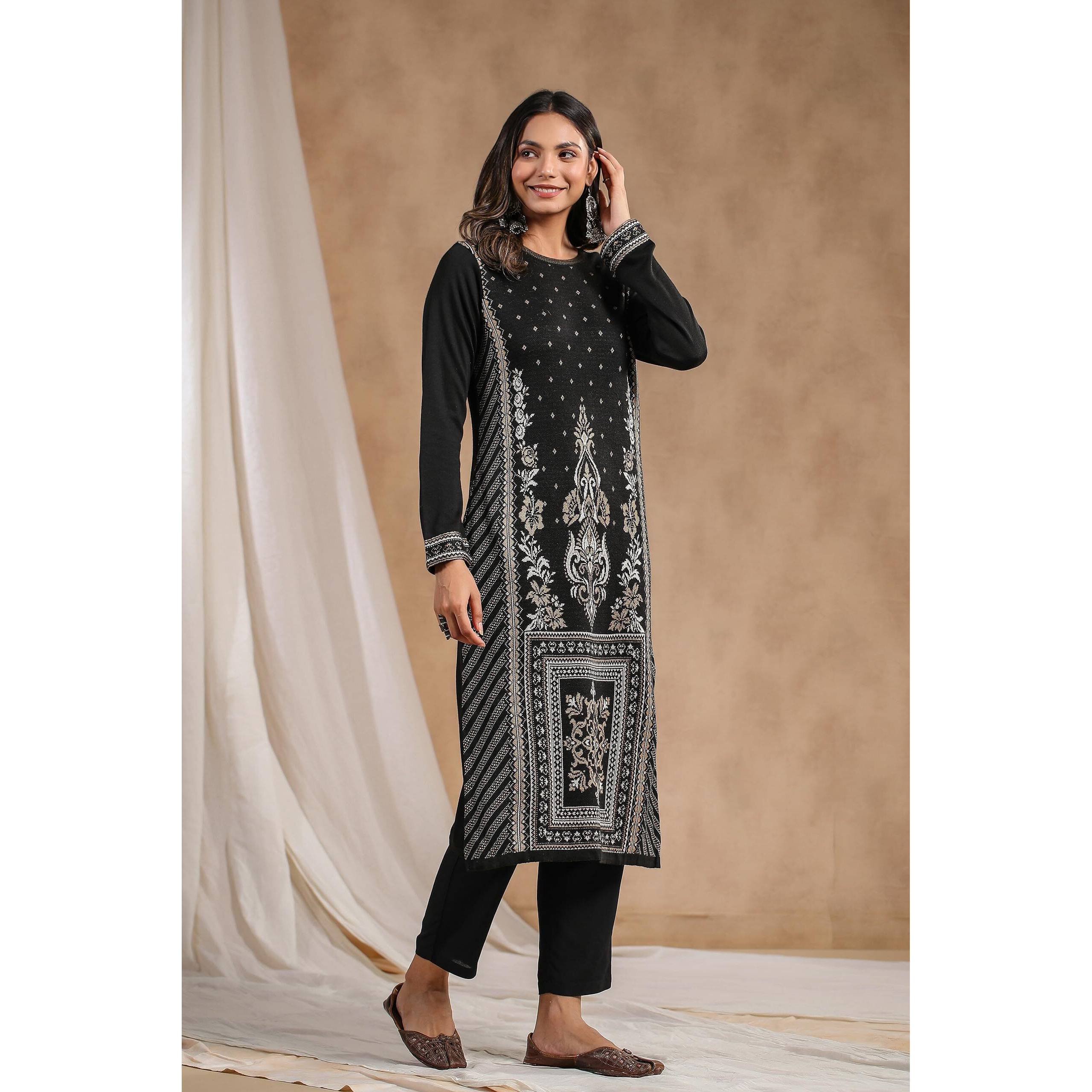 Ishin Women's Black Jacquard Style Ethnic Motifs Straight Winterwear Kurta