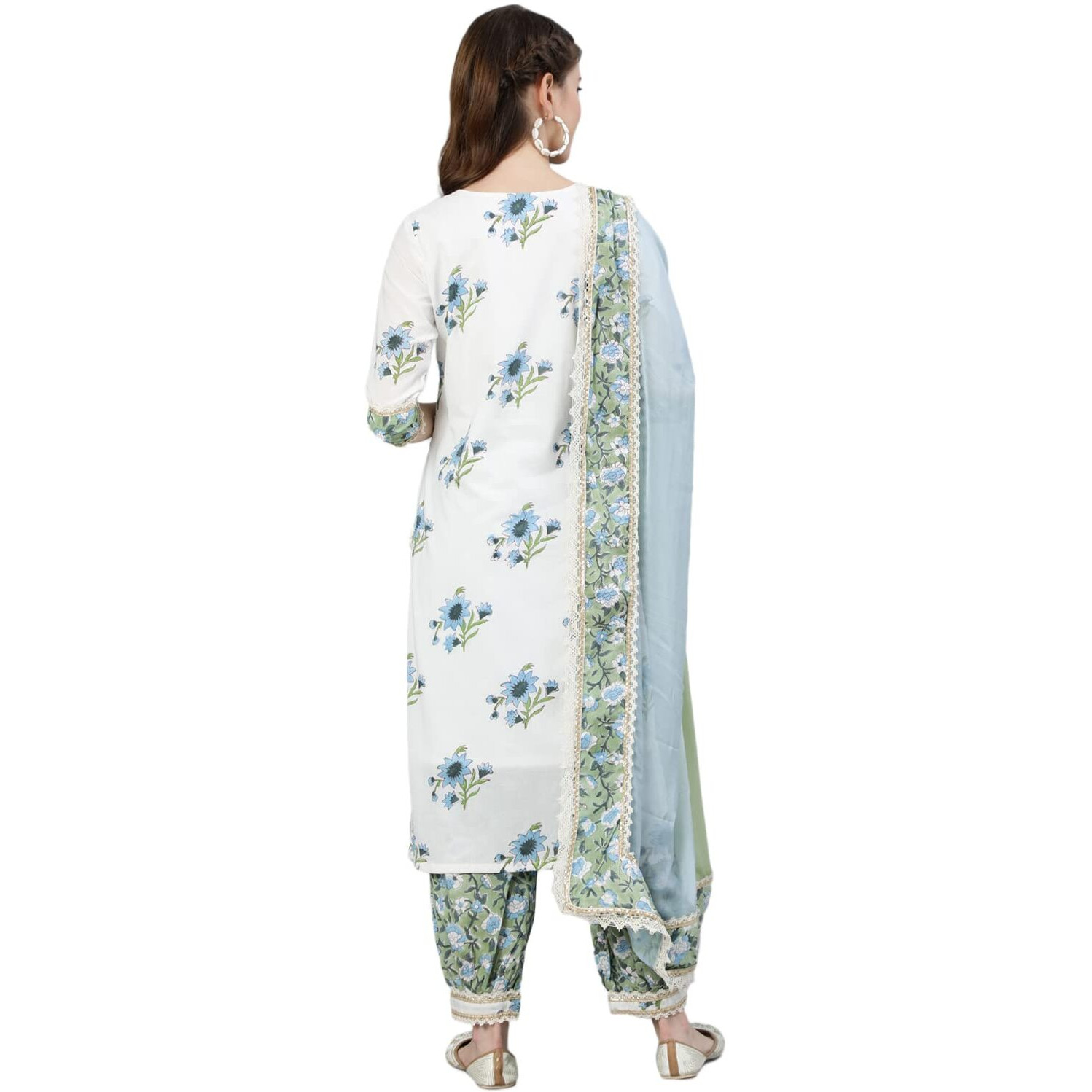 Ishin Women's Pure Cotton Embroidered A-Line Kurta Suit Set With Dupatta & Pants Dhkpldpnk-13038_Xl_White & Green