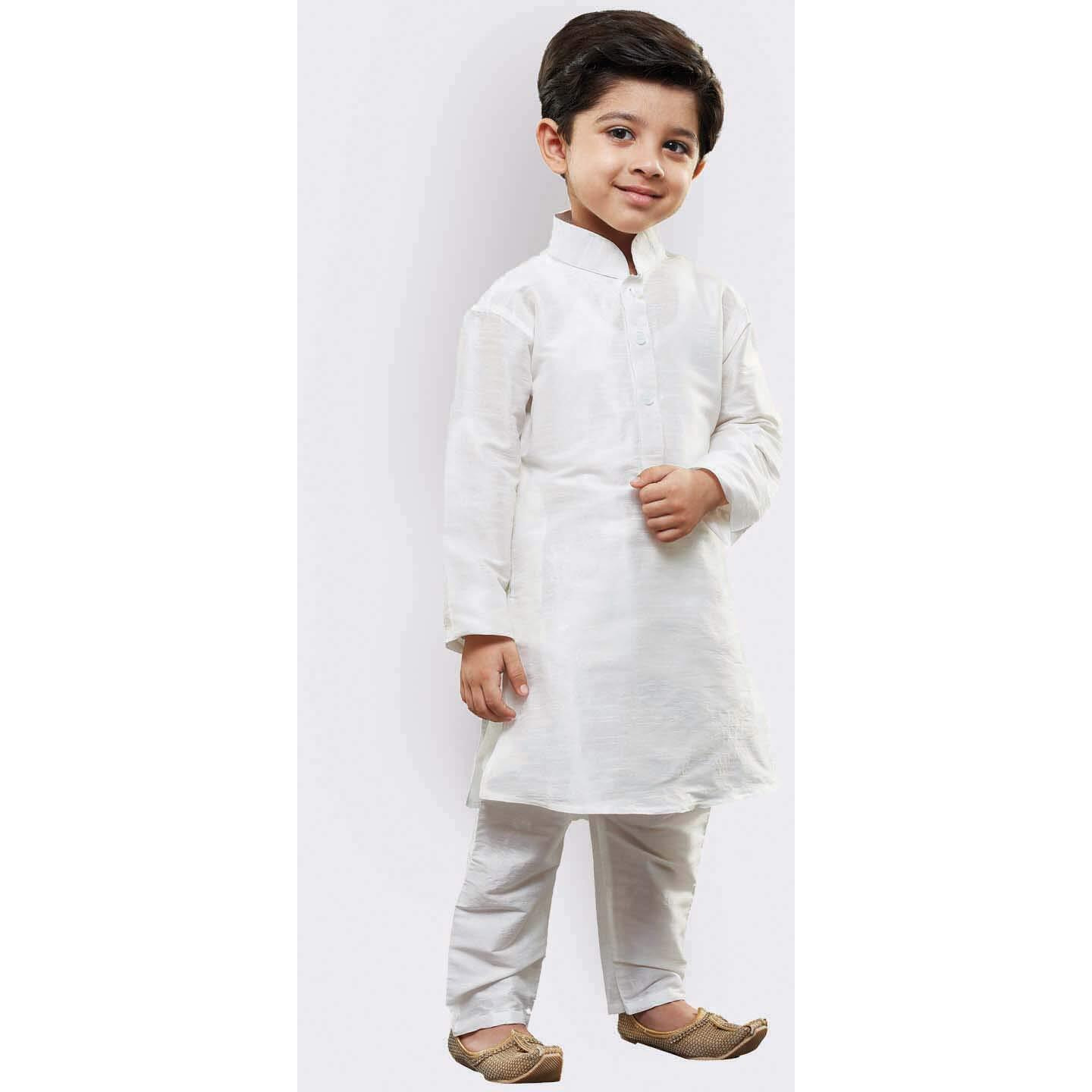 Jbn Creation Boys' White Silk Blend Kurta Pyjama And Cap Set
