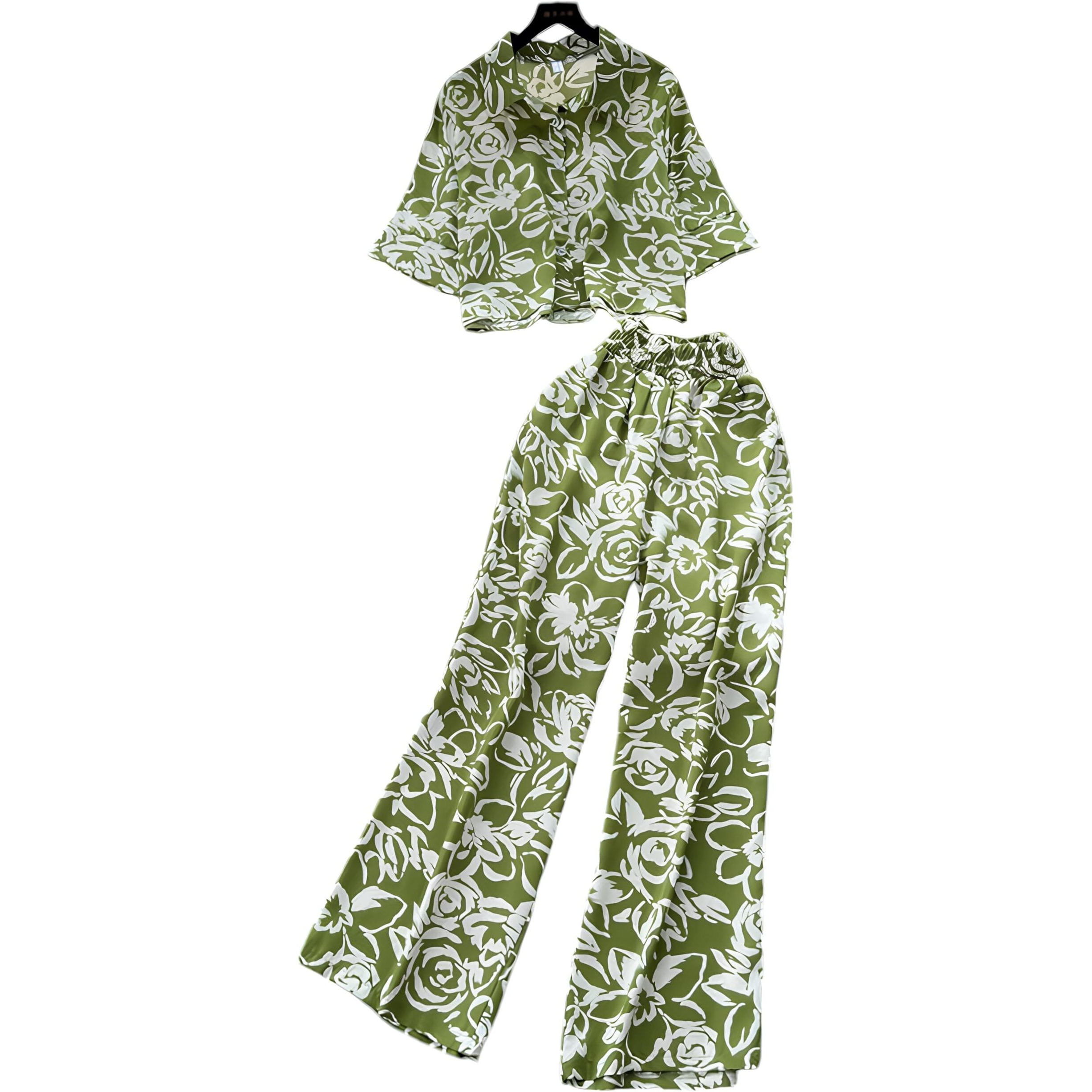 Gufrina Women's Floral Button-Down Co-Ords Set - Shirt Collar Top And Wide-Leg Pants, Casual Chic Outfit (Mehandi M)