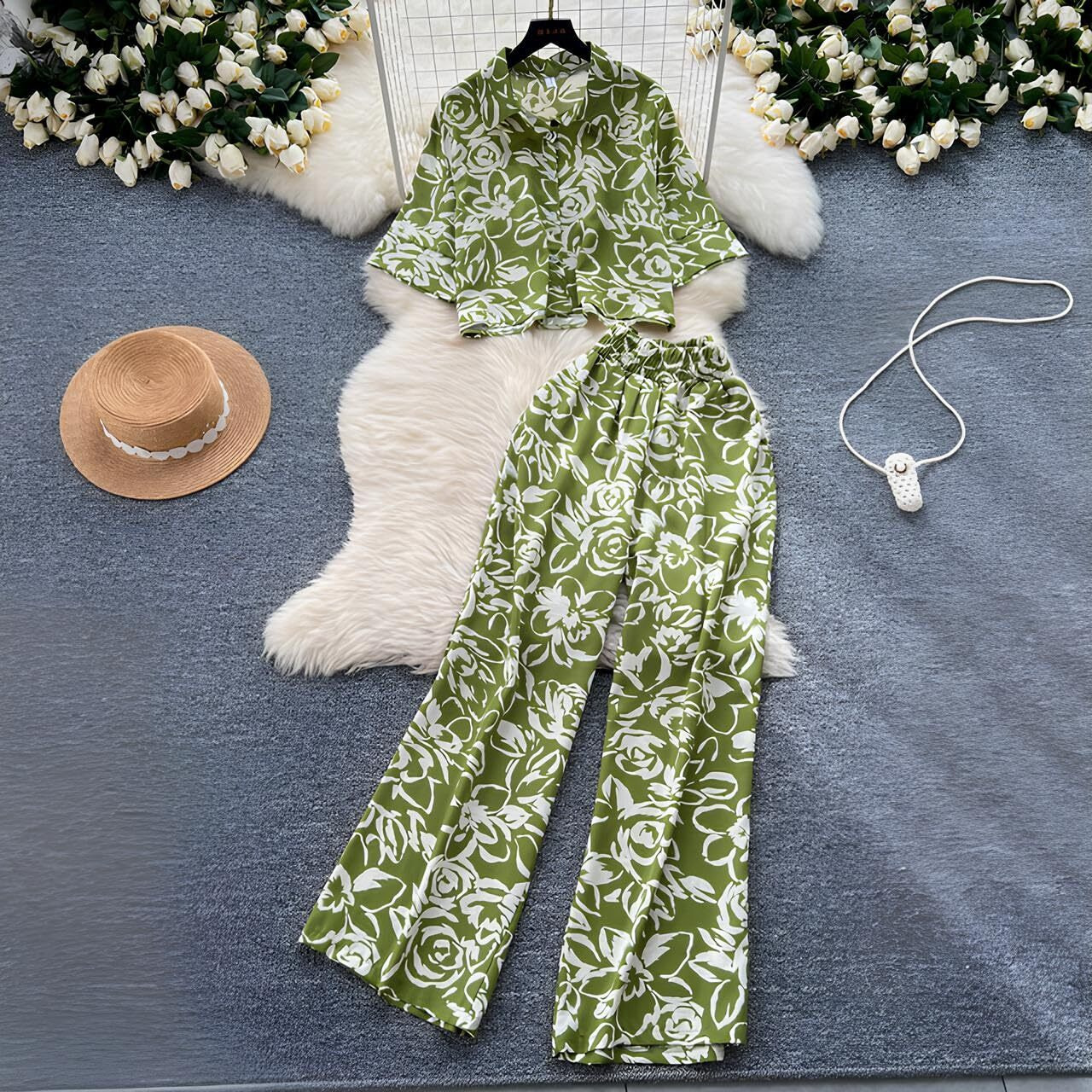 Gufrina Women's Floral Button-Down Co-Ords Set - Shirt Collar Top And Wide-Leg Pants, Casual Chic Outfit (Mehandi M)