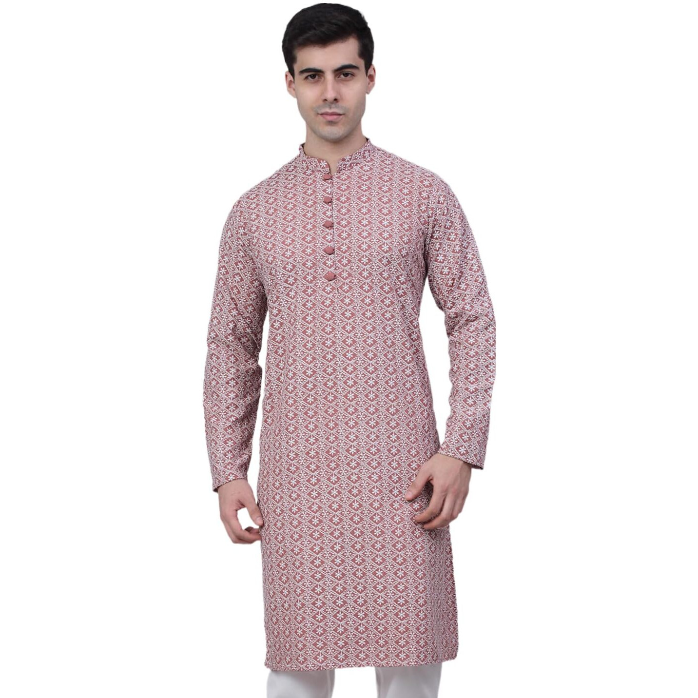 Jompers Men's Floral Embroidered Kurtas (Coral, L)