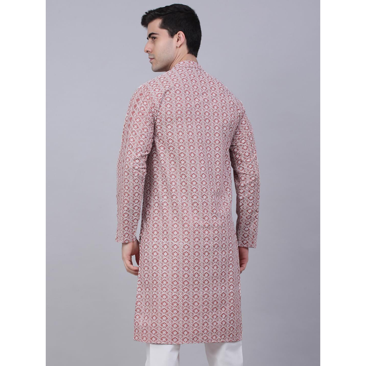 Jompers Men's Floral Embroidered Kurtas (Coral, L)