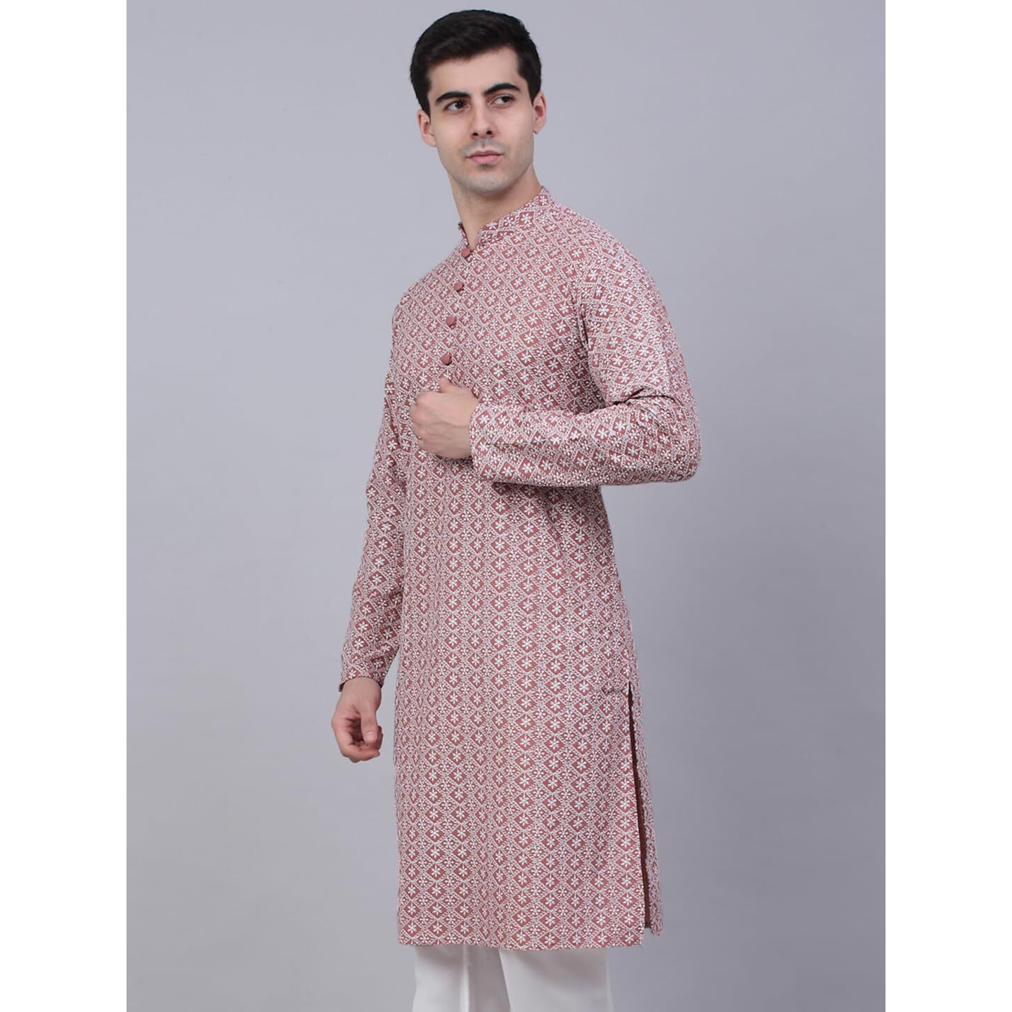 Jompers Men's Floral Embroidered Kurtas (Coral, L)