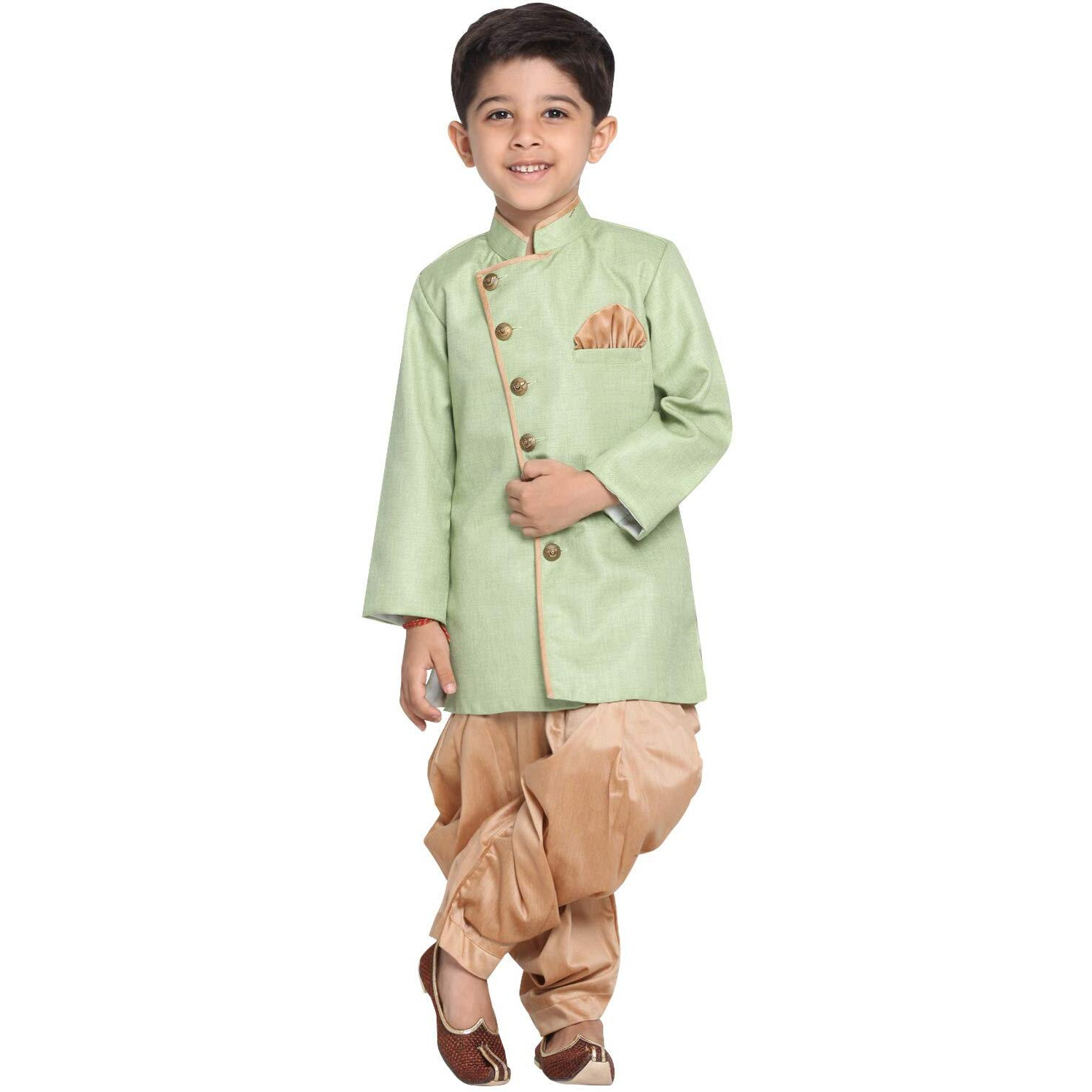 Jbn Creation Boys Cotton Blend Mint Green And Rose Gold Indowestern Sherwani And Dhoti Set_Jbnbciw124Mgncdrg_36