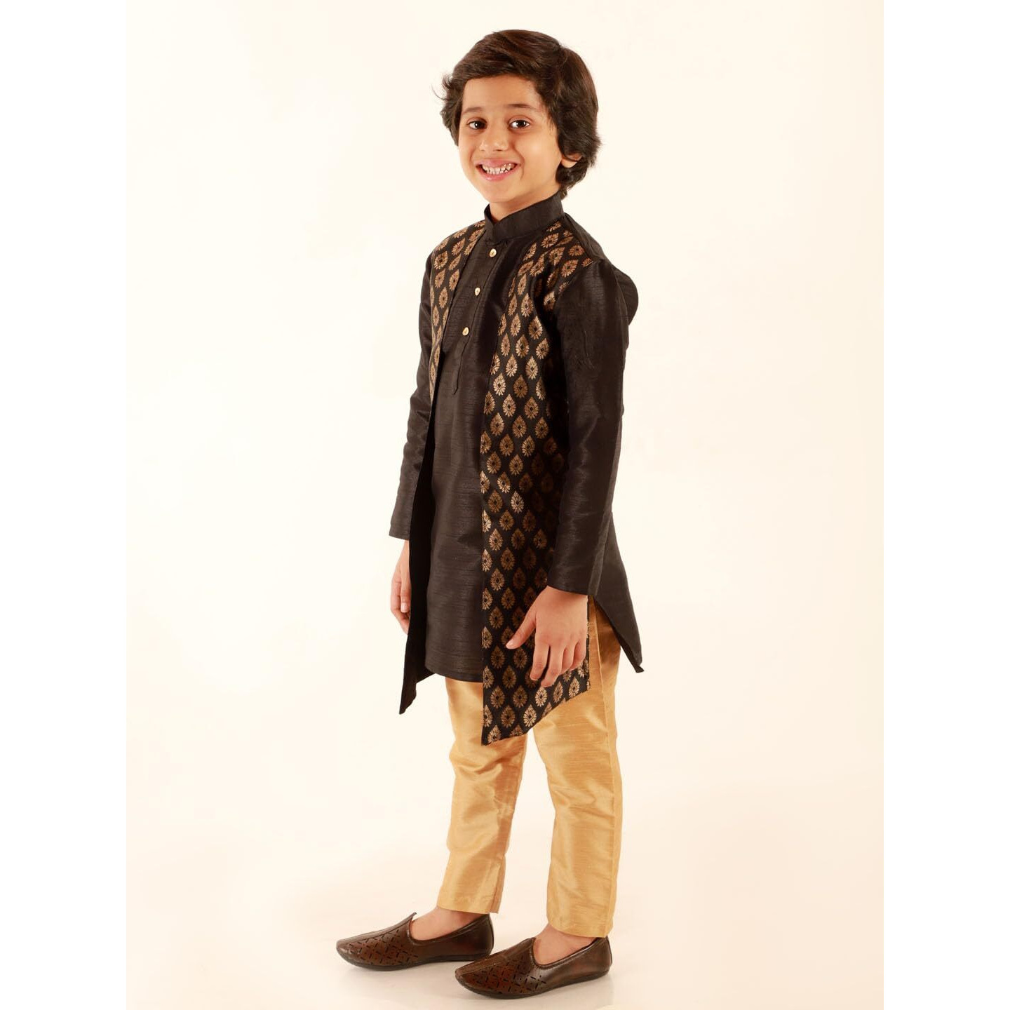 Jbn Creation Boys Black Silk Blend Foil Printed Layered Kurta And Rose Gold Pyjama Set (B1010)