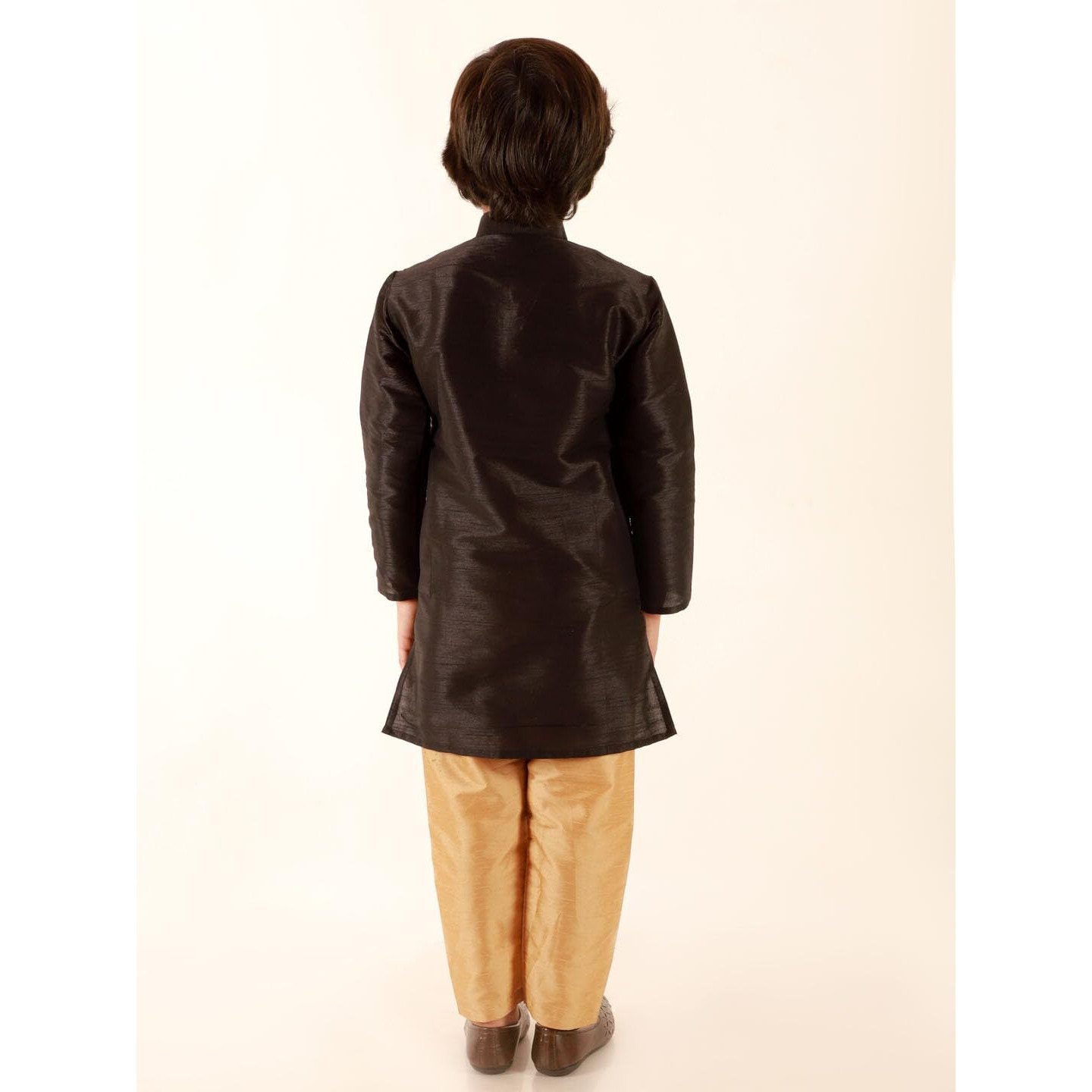 Jbn Creation Boys Black Silk Blend Foil Printed Layered Kurta And Rose Gold Pyjama Set (B1010)