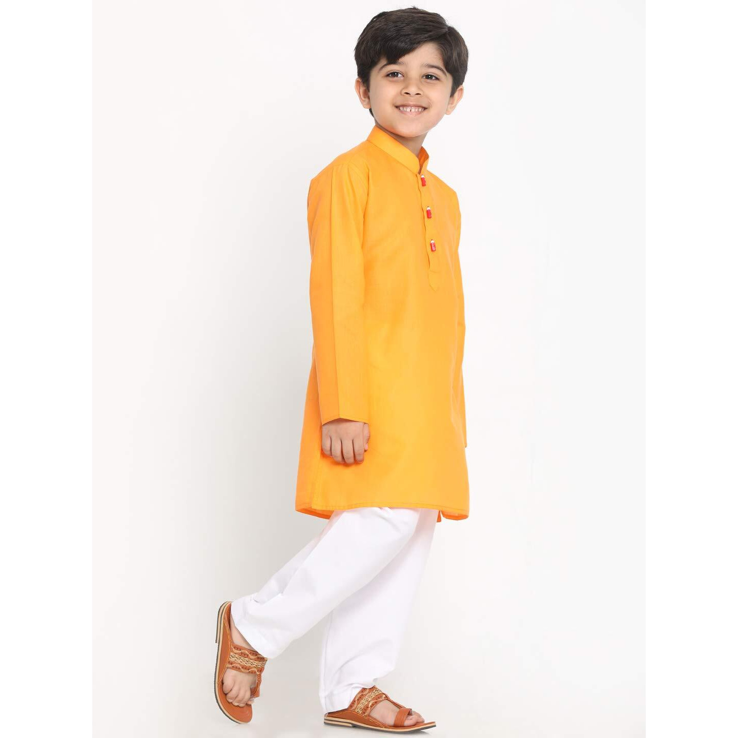 Jbn Creation Boys' Orange Cotton Blend Kurta Pyjama And Cap Set