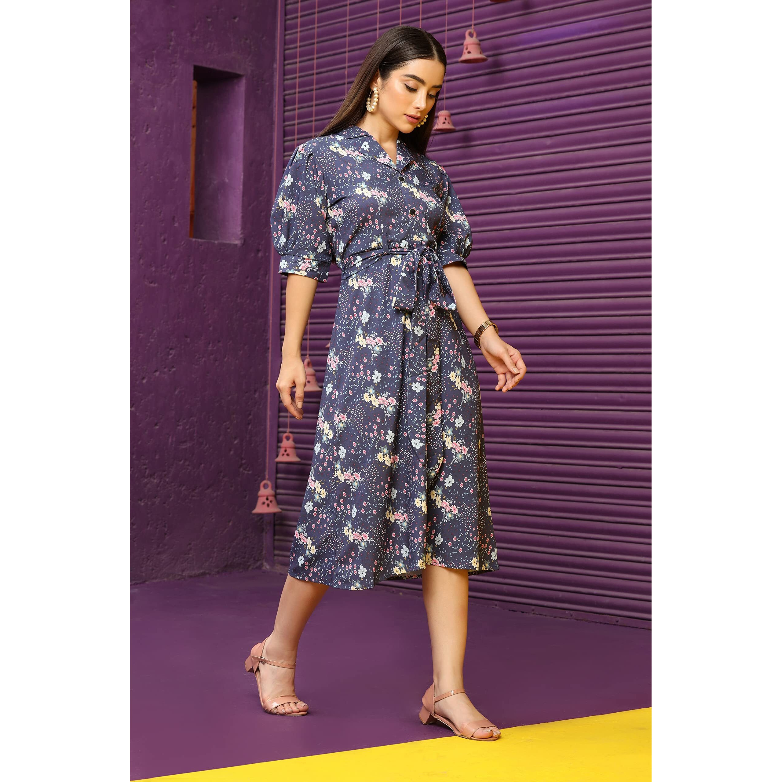 Greciilooks Western Dresses For Women | Short A-Line Dress For Girls | Maxi Dress For Women (S_Blue)