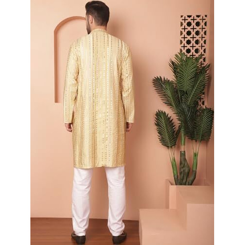 Jompers Men's Golden Mirror Work Kurta With Pyjama (Golden, S)