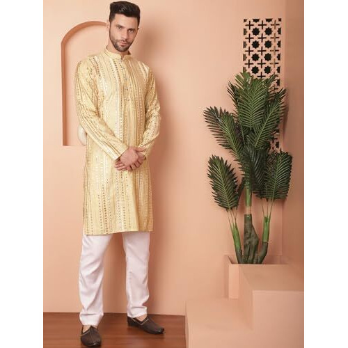 Jompers Men's Golden Mirror Work Kurta With Pyjama (Golden, S)