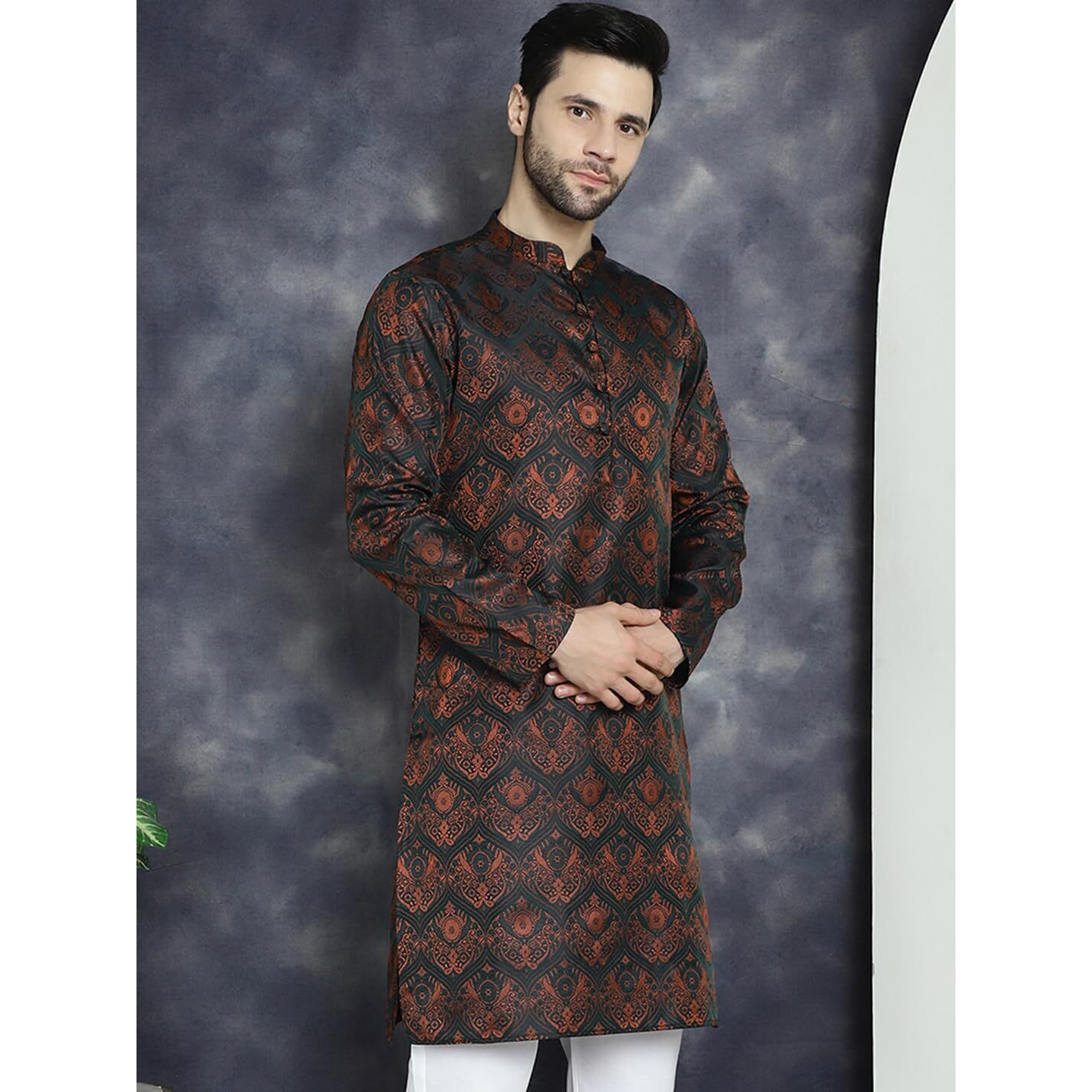 Jompers Men's Bronze Silk Blend Straight Kurtas (Bronze, M)