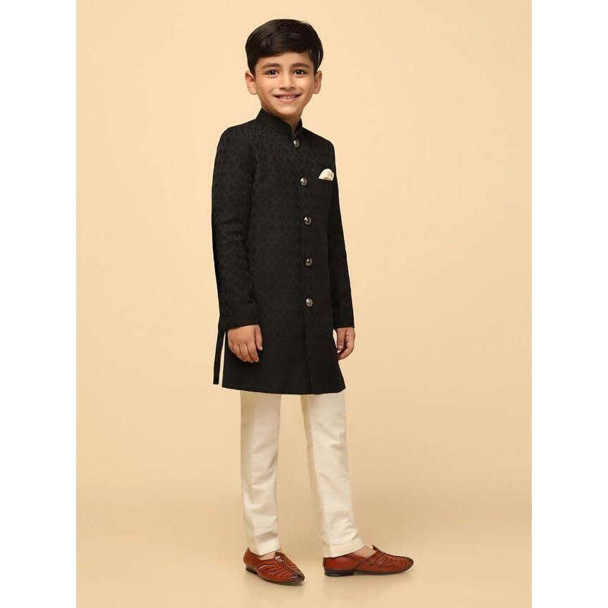 Kisah Boys Sherwani Set Indo-Western Silk Blend Jacquard Design Indo-Western Sherwani Pajama Set For Kids, Black, 7-8 Years
