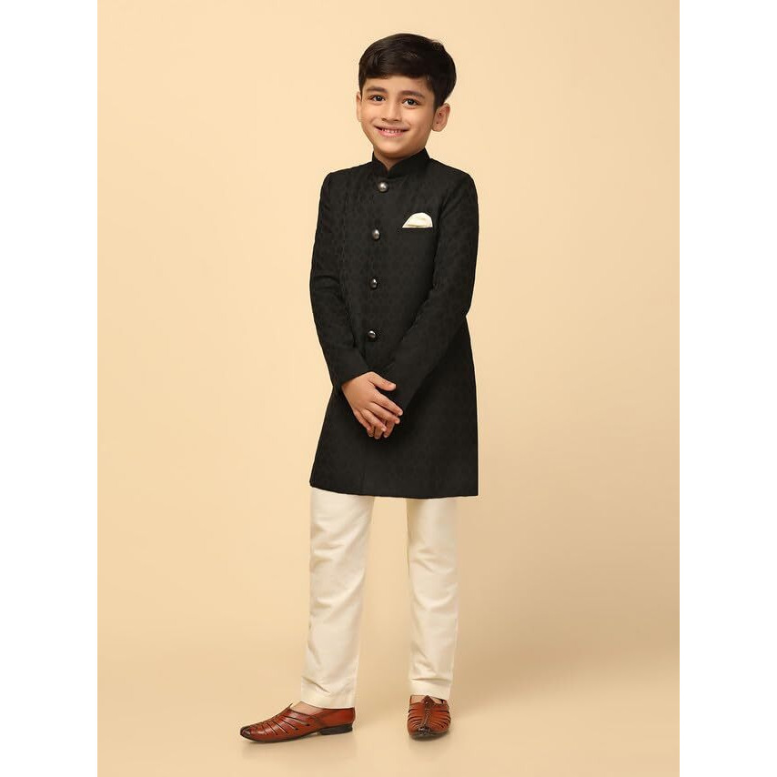 Kisah Boys Sherwani Set Indo-Western Silk Blend Jacquard Design Indo-Western Sherwani Pajama Set For Kids, Black, 7-8 Years