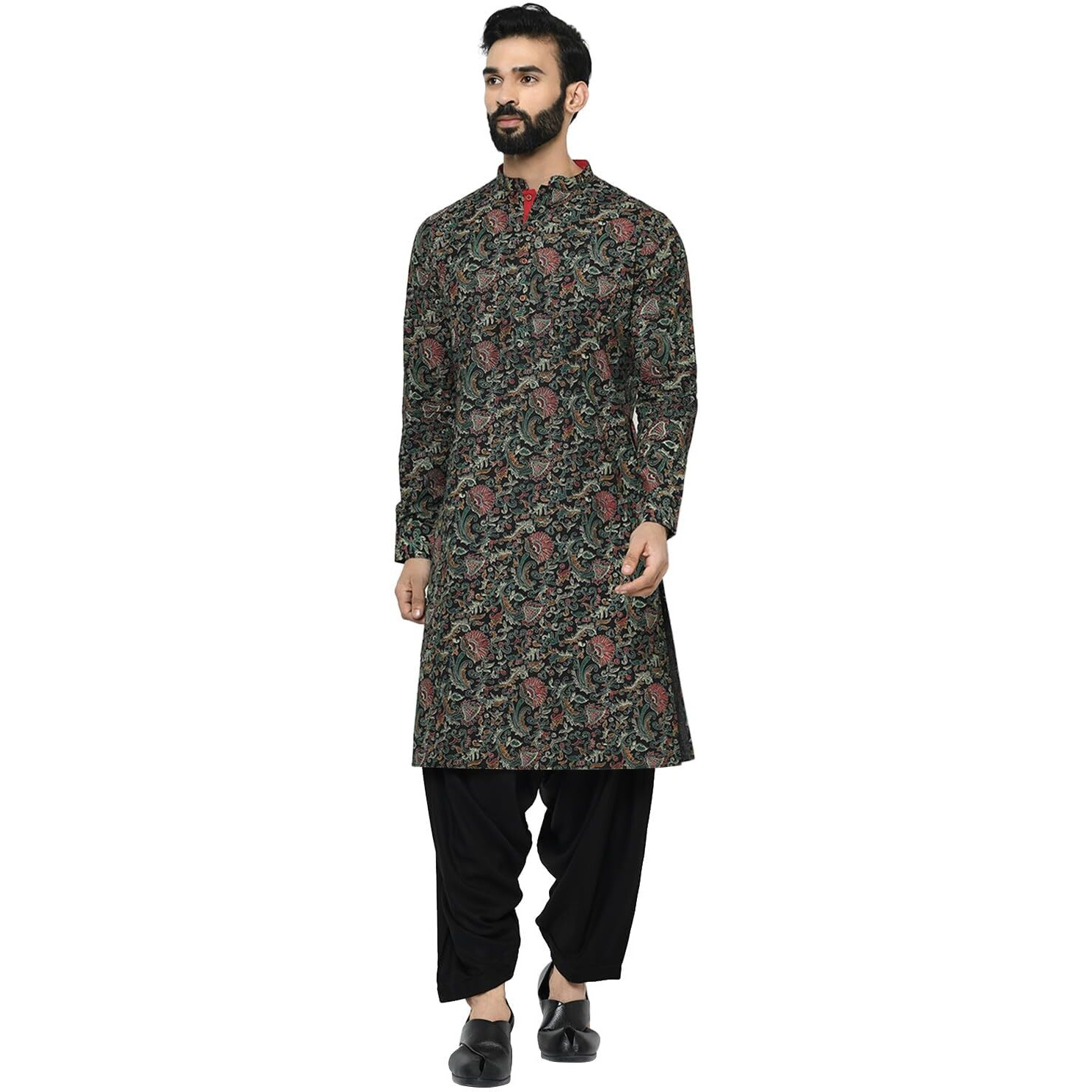 Kisah Men Black Green Ethnic Motifs Embroidered Kurta With Pyjamas, Full Sleaves, Knee Length, Straight, Regular Fit, Mandarin Collar Ethnic Wear-44