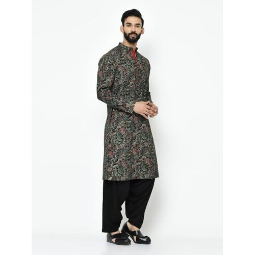 Kisah Men Black Green Ethnic Motifs Embroidered Kurta With Pyjamas, Full Sleaves, Knee Length, Straight, Regular Fit, Mandarin Collar Ethnic Wear-44